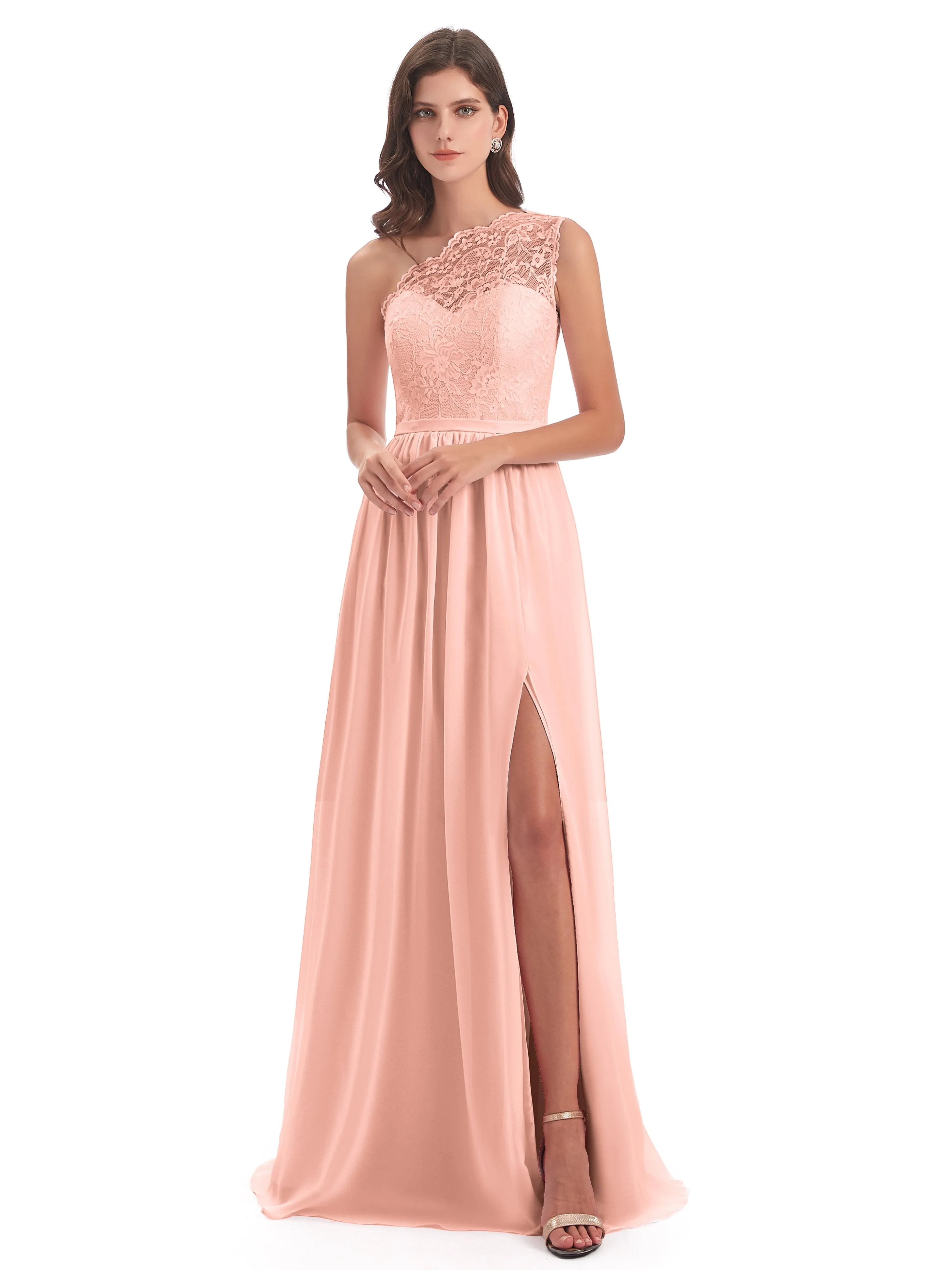 Eliza Lace/Chiffon One-Shoulder Floor-Length Bridesmaid Dresses