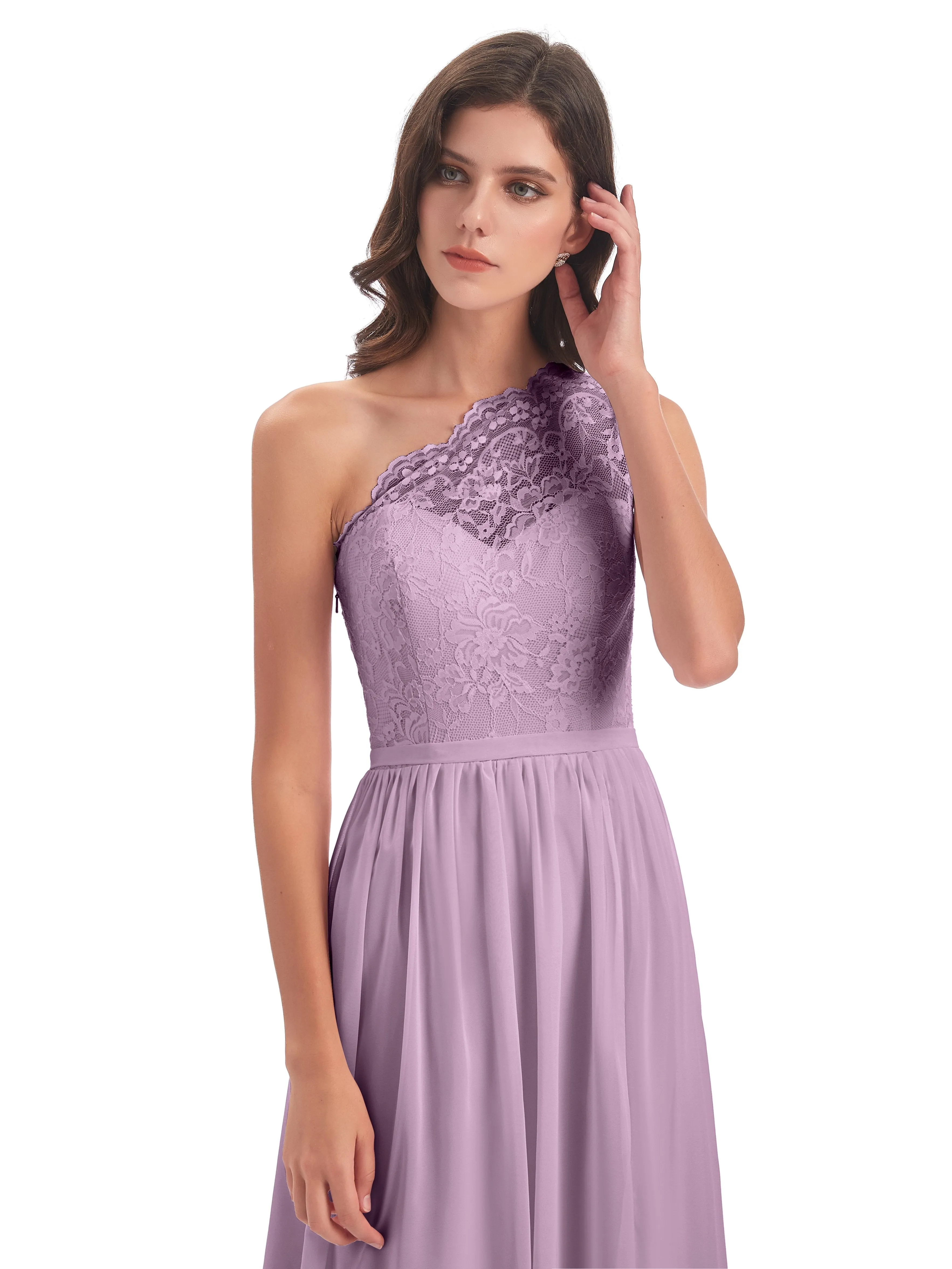 Eliza Lace/Chiffon One-Shoulder Floor-Length Bridesmaid Dresses