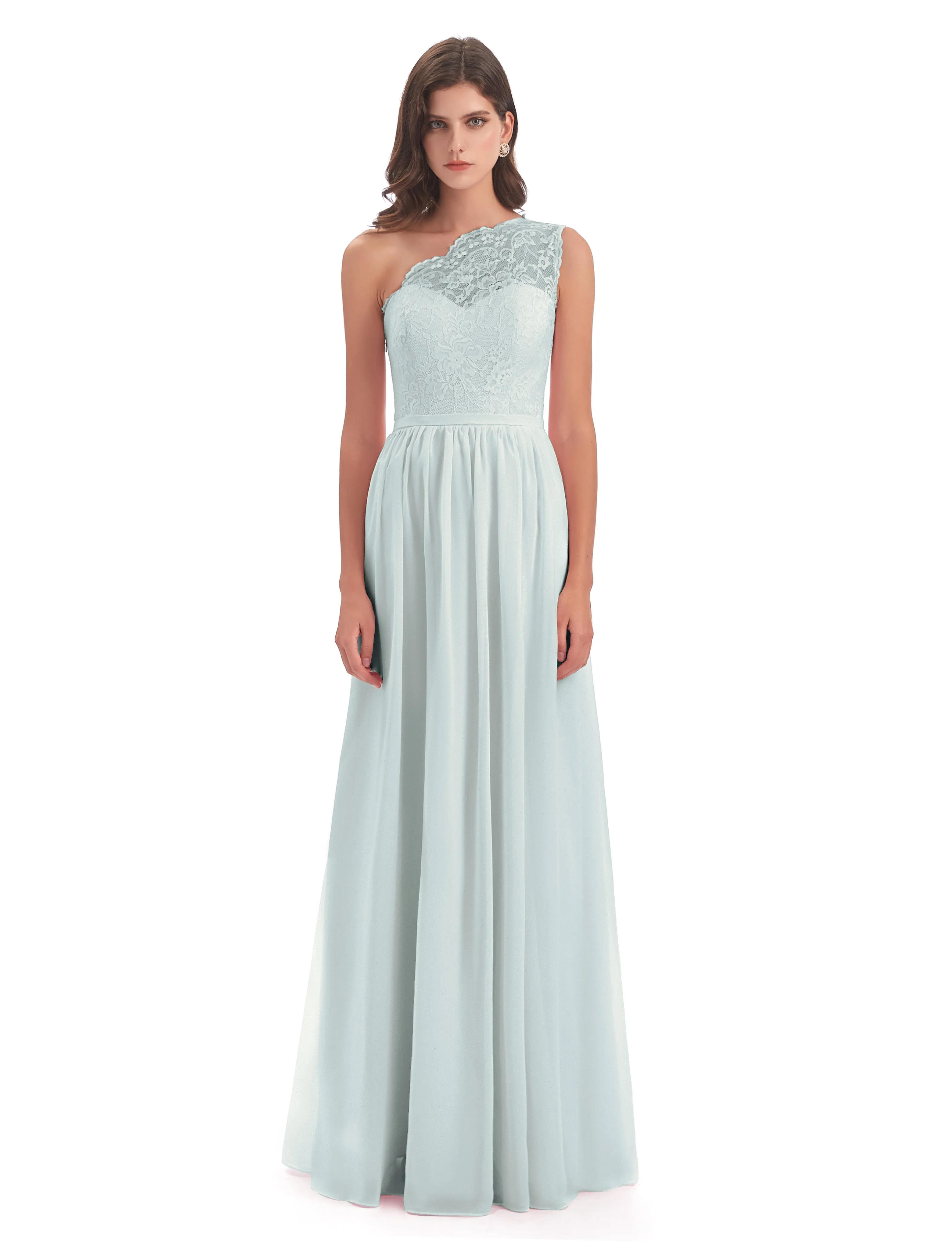 Eliza Lace/Chiffon One-Shoulder Floor-Length Bridesmaid Dresses