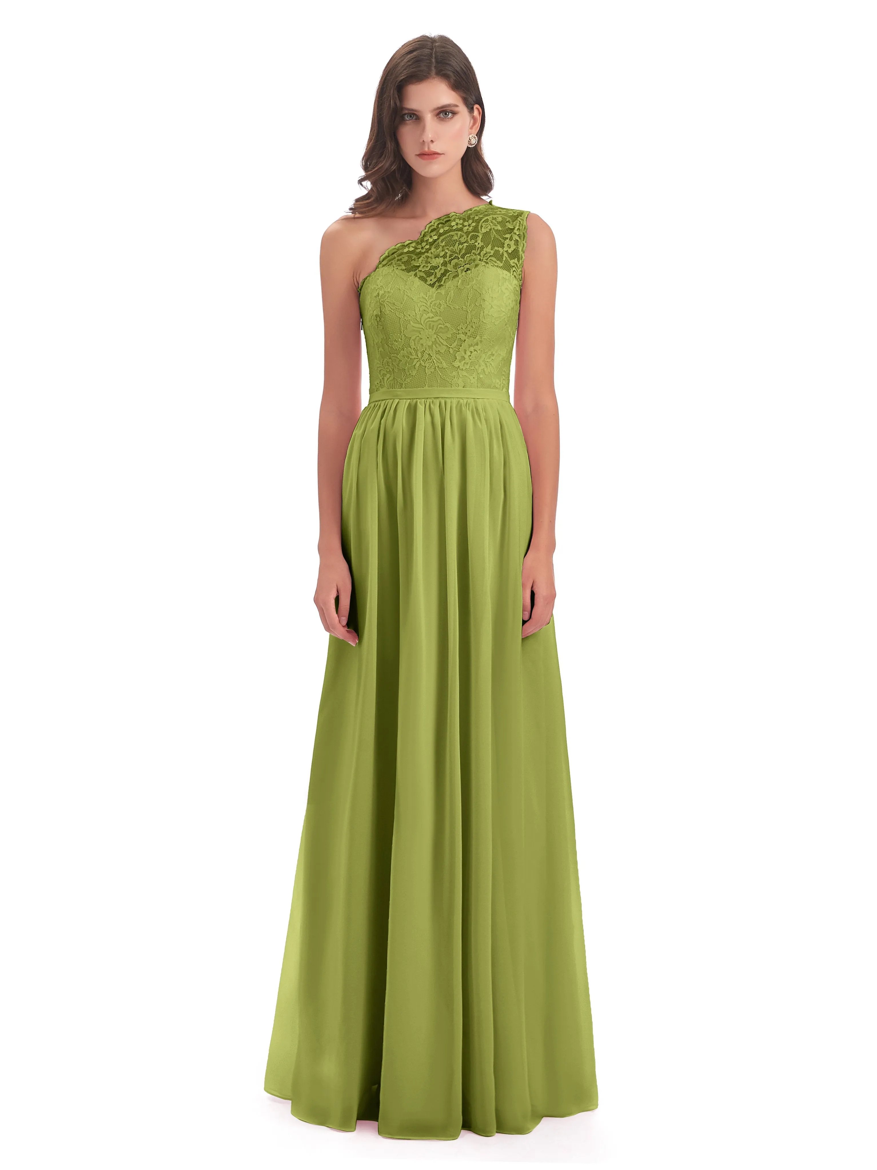 Eliza Lace/Chiffon One-Shoulder Floor-Length Bridesmaid Dresses