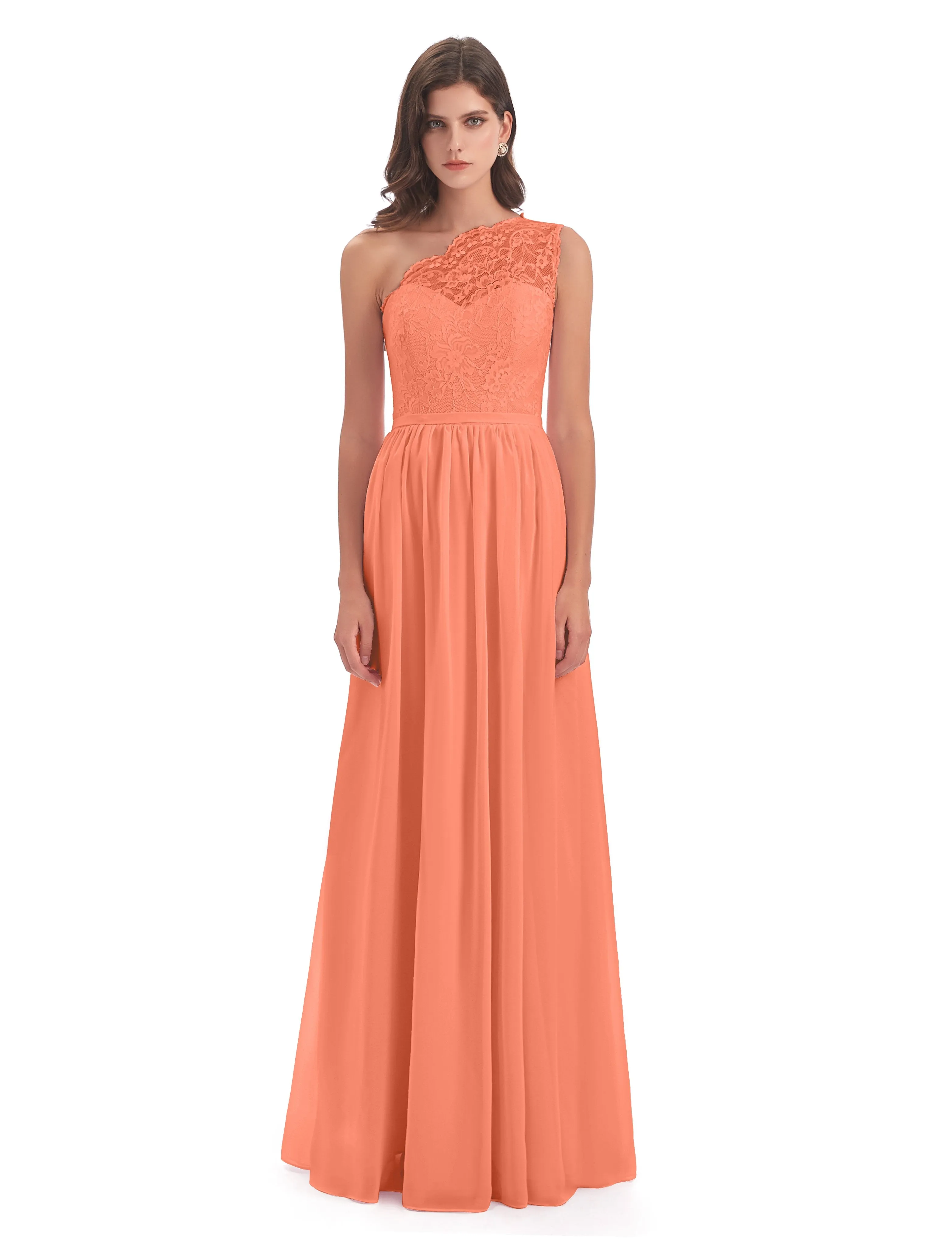 Eliza Lace/Chiffon One-Shoulder Floor-Length Bridesmaid Dresses