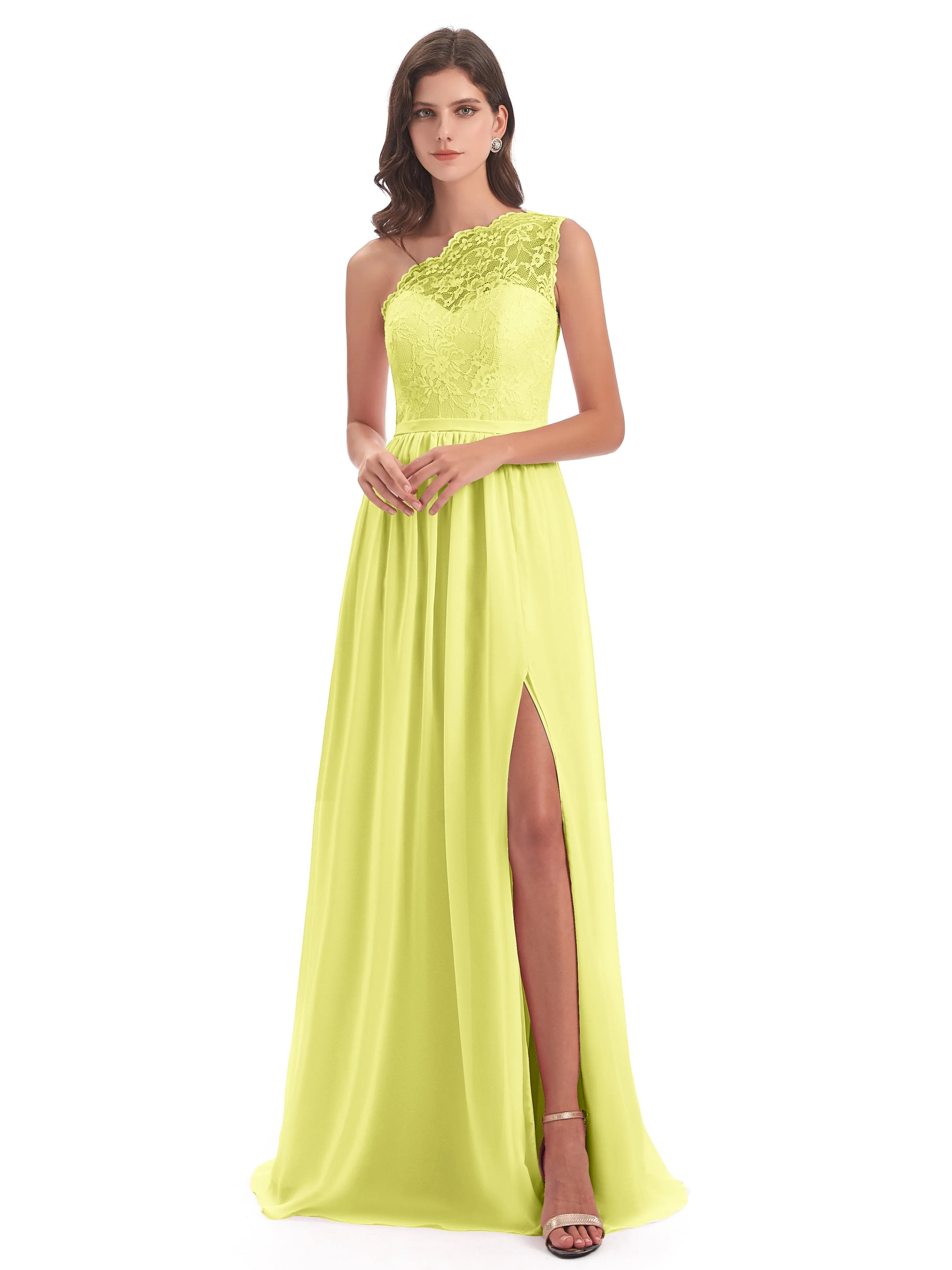 Eliza Lace/Chiffon One-Shoulder Floor-Length Bridesmaid Dresses