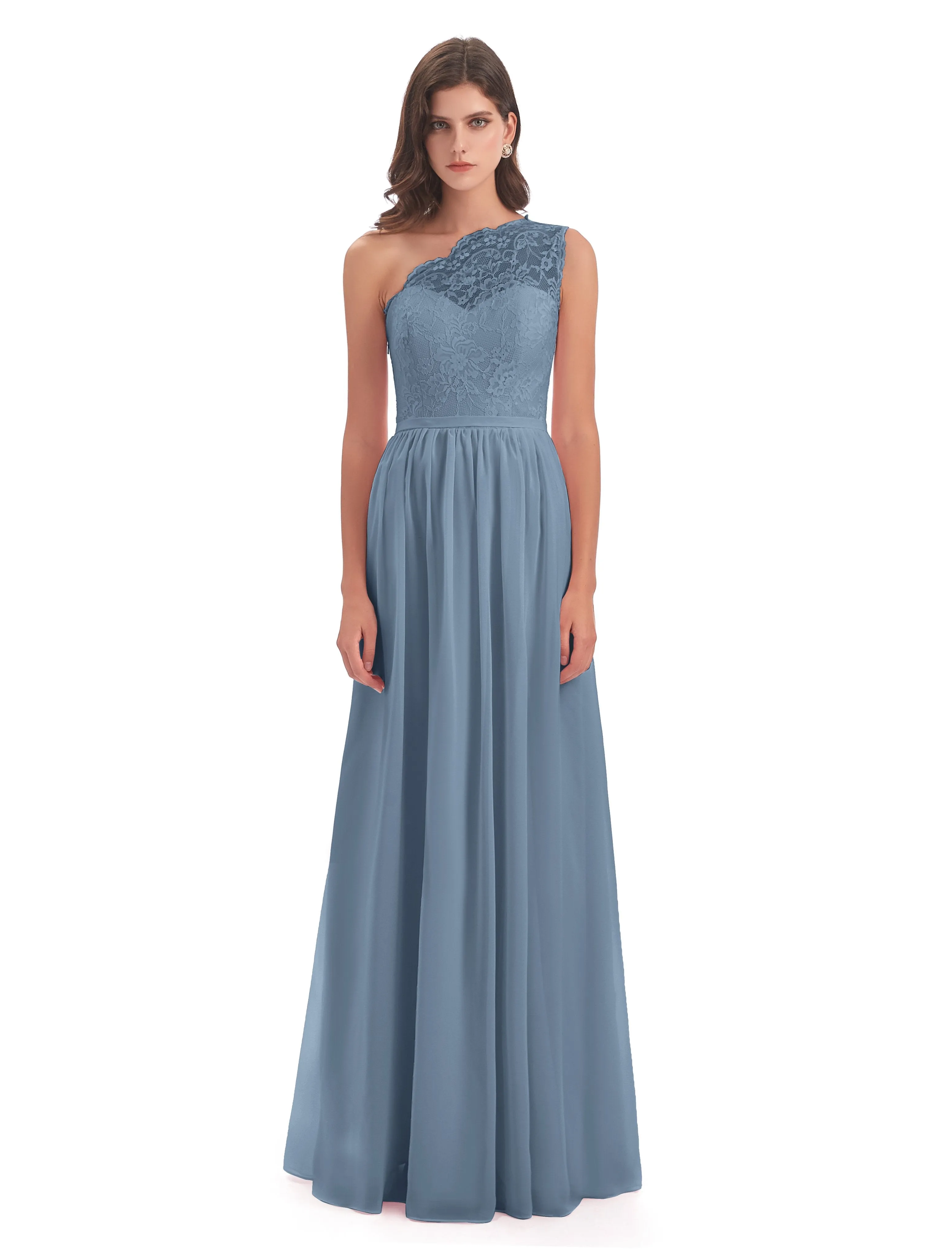 Eliza Lace/Chiffon One-Shoulder Floor-Length Bridesmaid Dresses