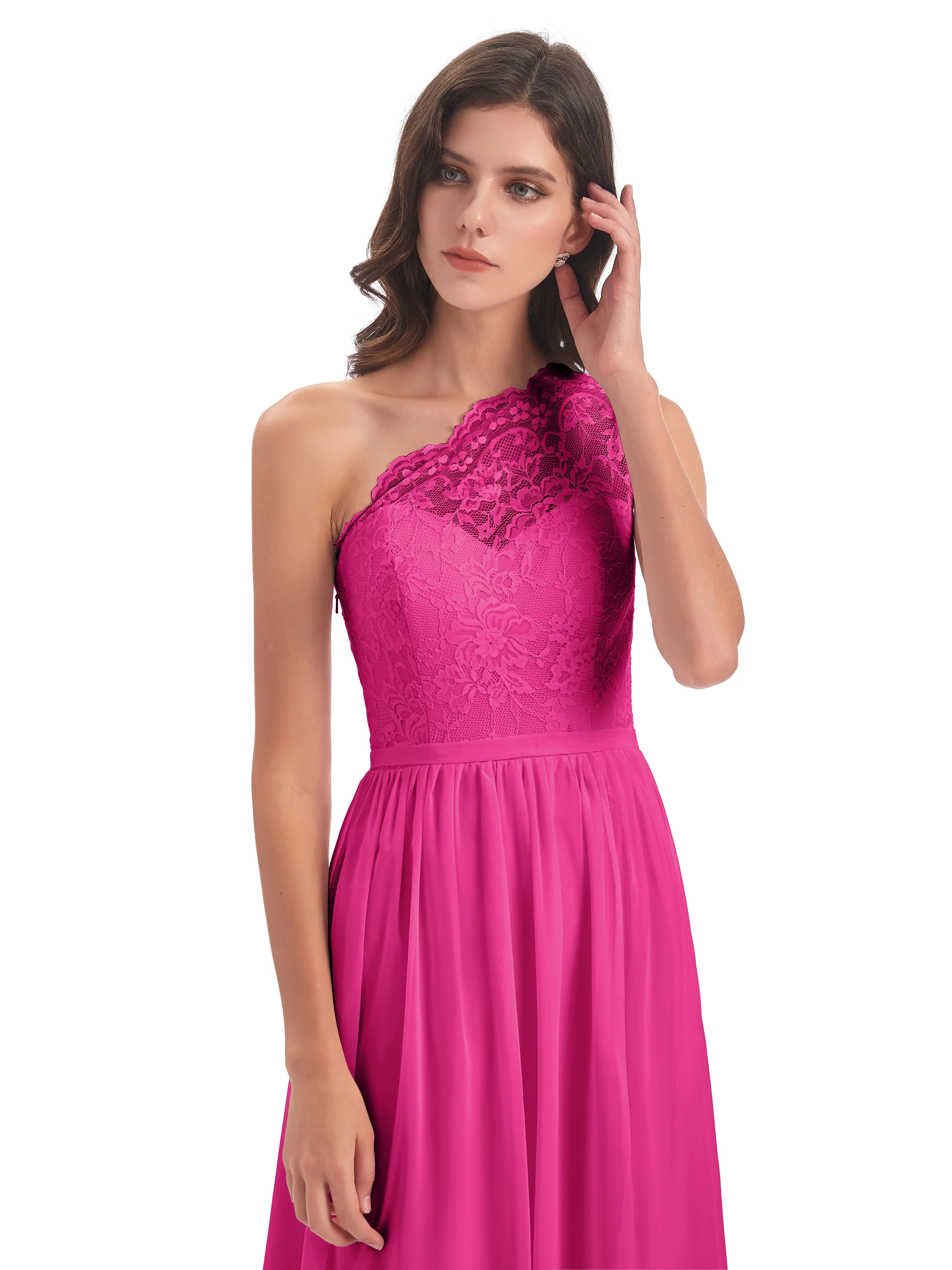 Eliza Lace/Chiffon One-Shoulder Floor-Length Bridesmaid Dresses