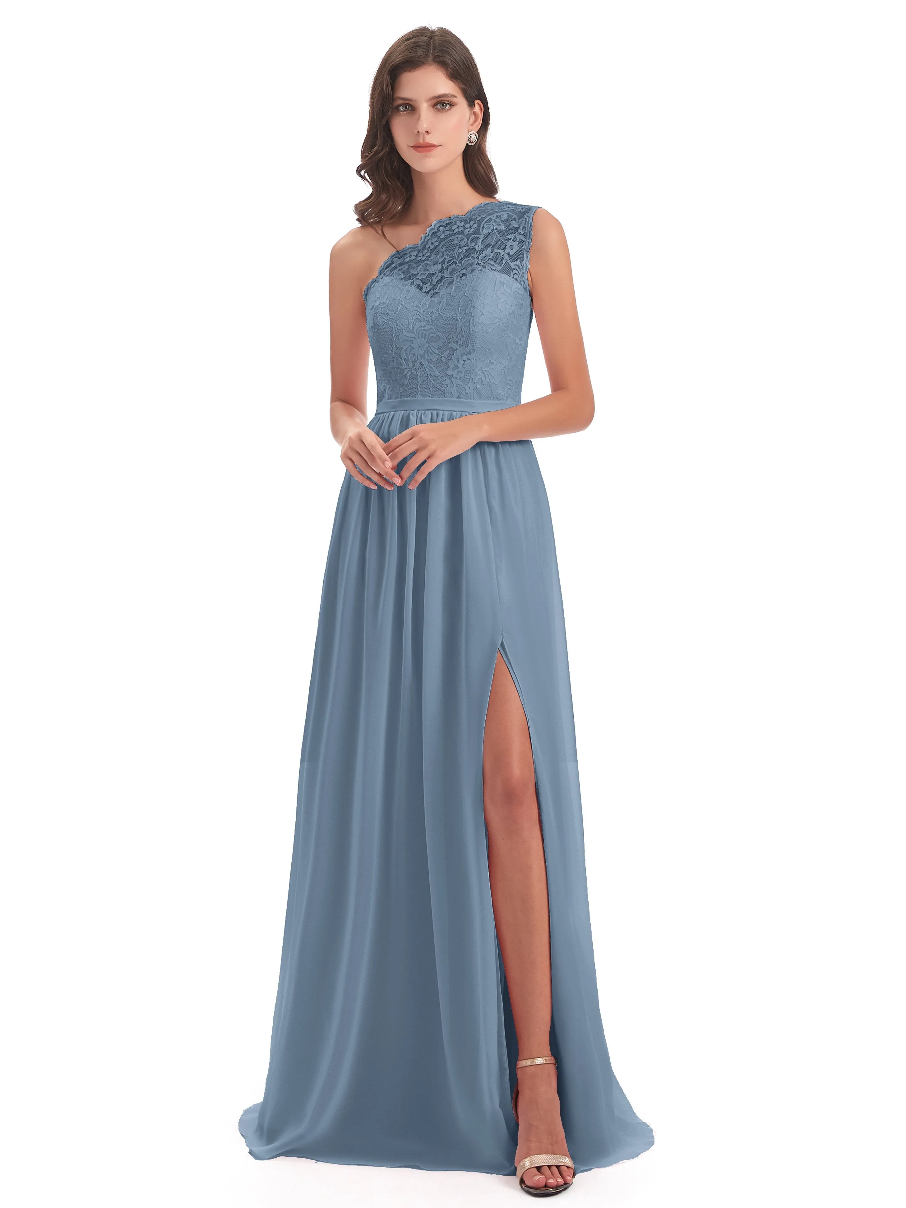 Eliza Lace/Chiffon One-Shoulder Floor-Length Bridesmaid Dresses