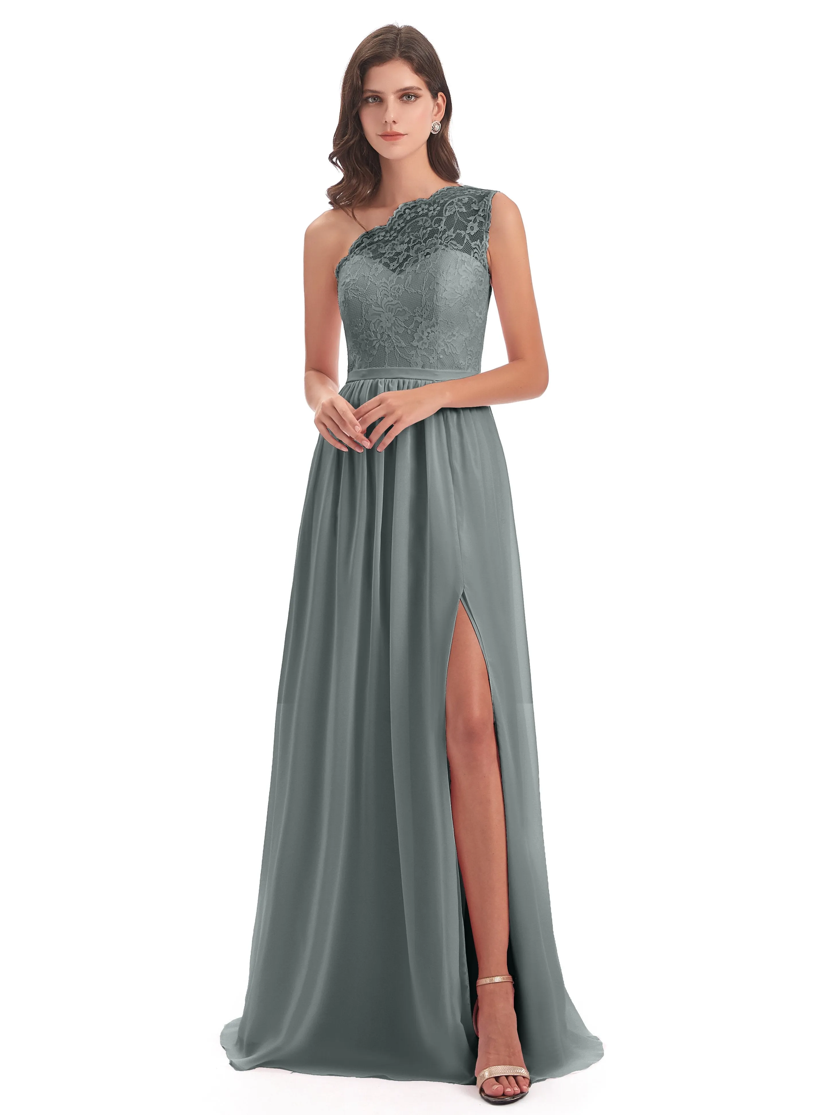 Eliza Lace/Chiffon One-Shoulder Floor-Length Bridesmaid Dresses