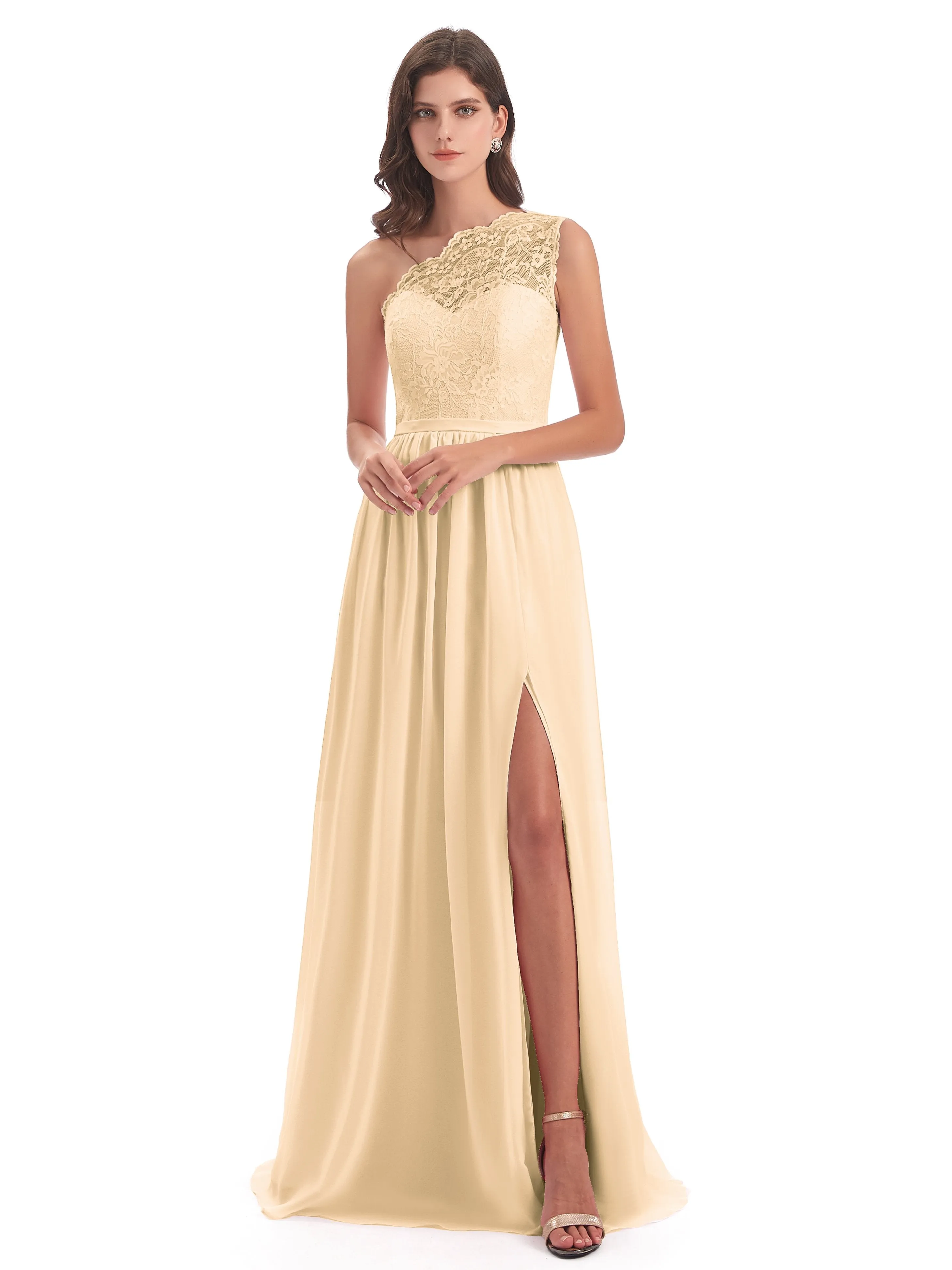 Eliza Lace/Chiffon One-Shoulder Floor-Length Bridesmaid Dresses