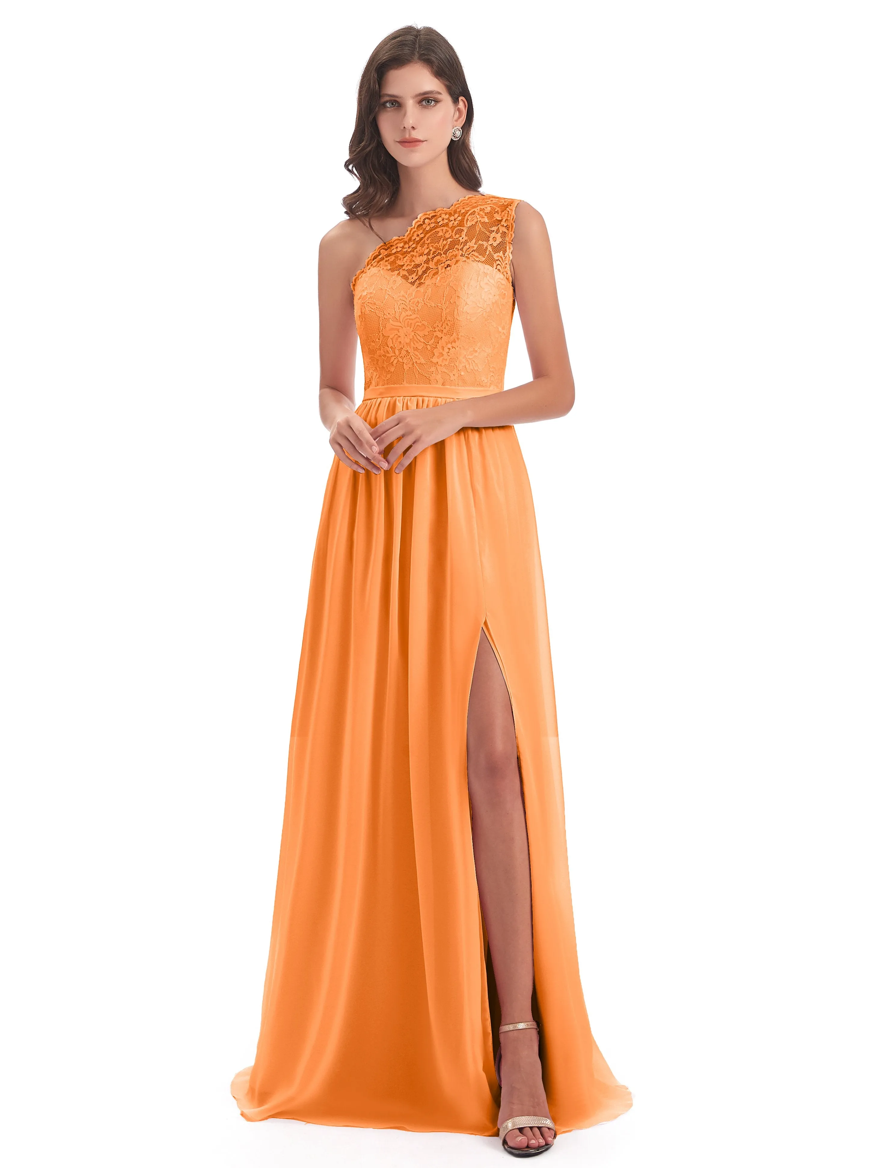 Eliza Lace/Chiffon One-Shoulder Floor-Length Bridesmaid Dresses