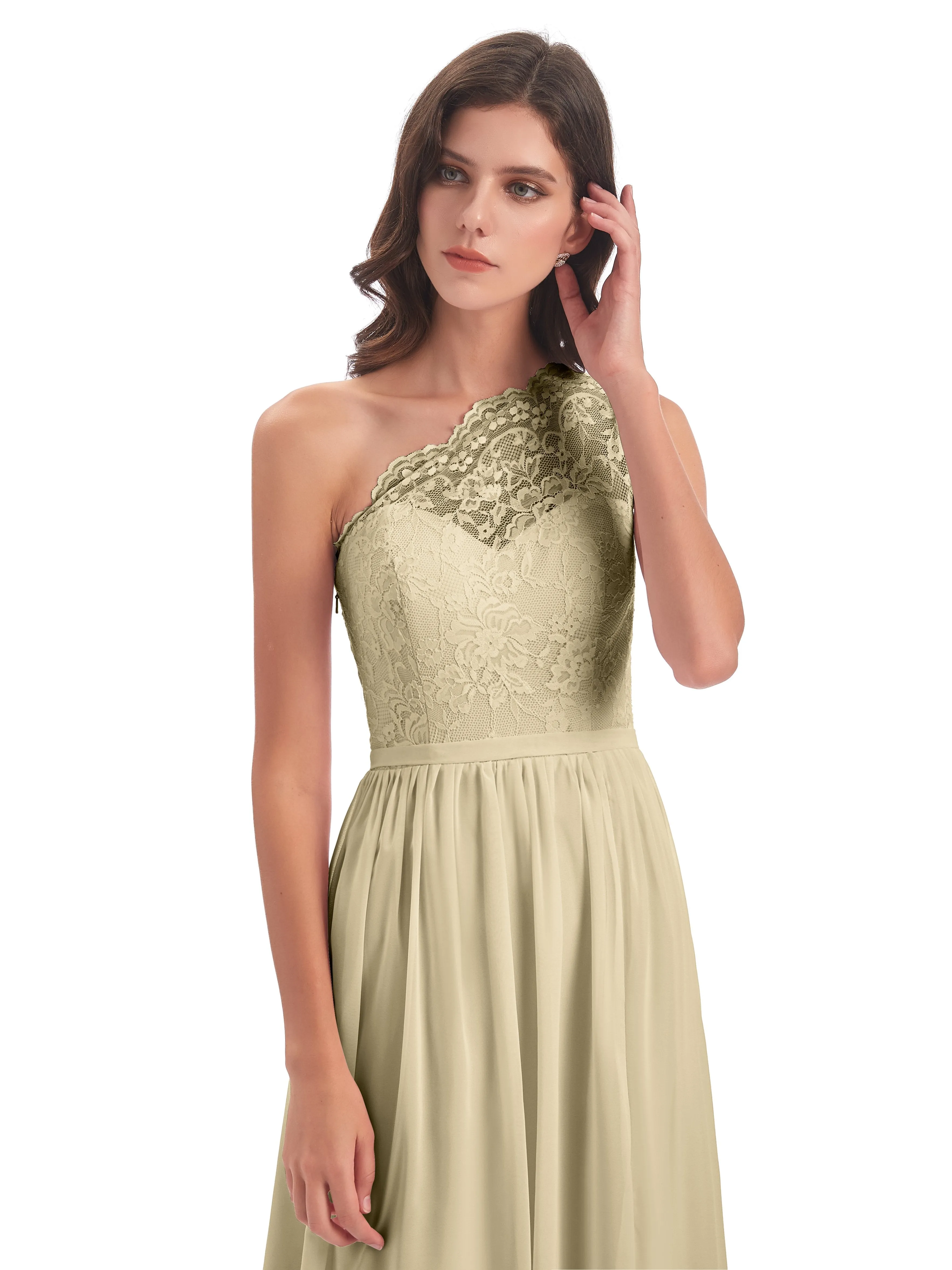 Eliza Lace/Chiffon One-Shoulder Floor-Length Bridesmaid Dresses