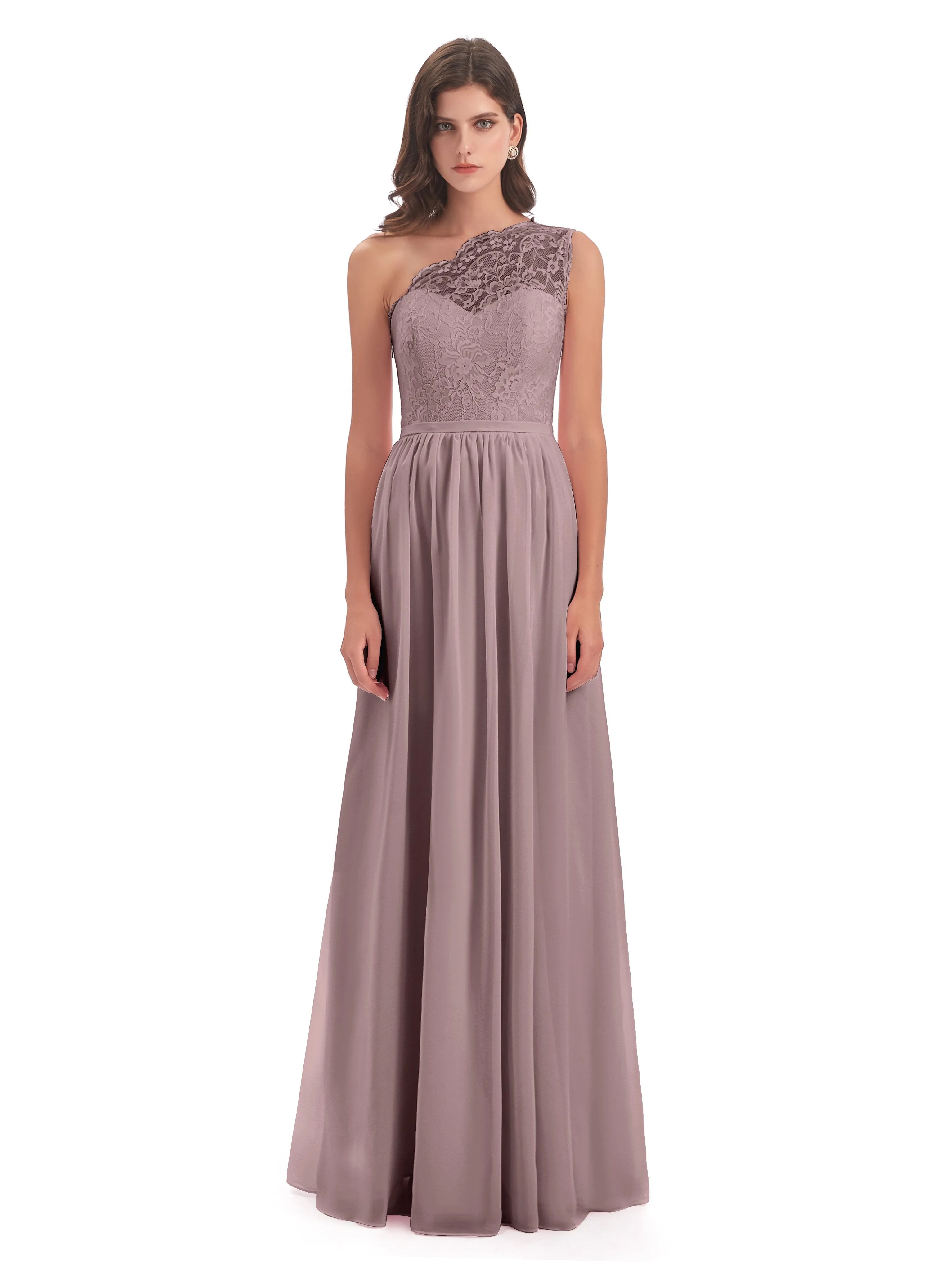 Eliza Lace/Chiffon One-Shoulder Floor-Length Bridesmaid Dresses