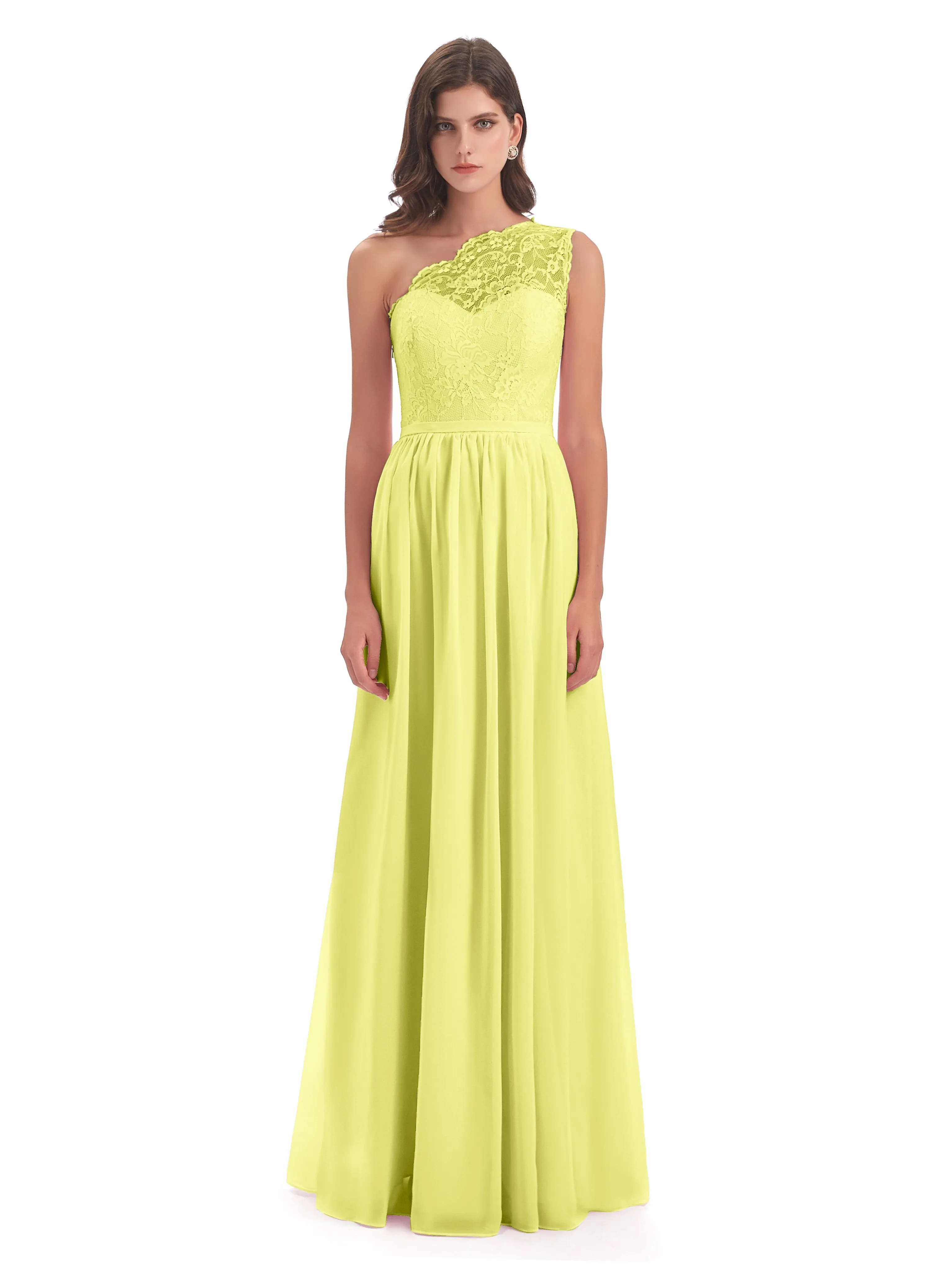 Eliza Lace/Chiffon One-Shoulder Floor-Length Bridesmaid Dresses