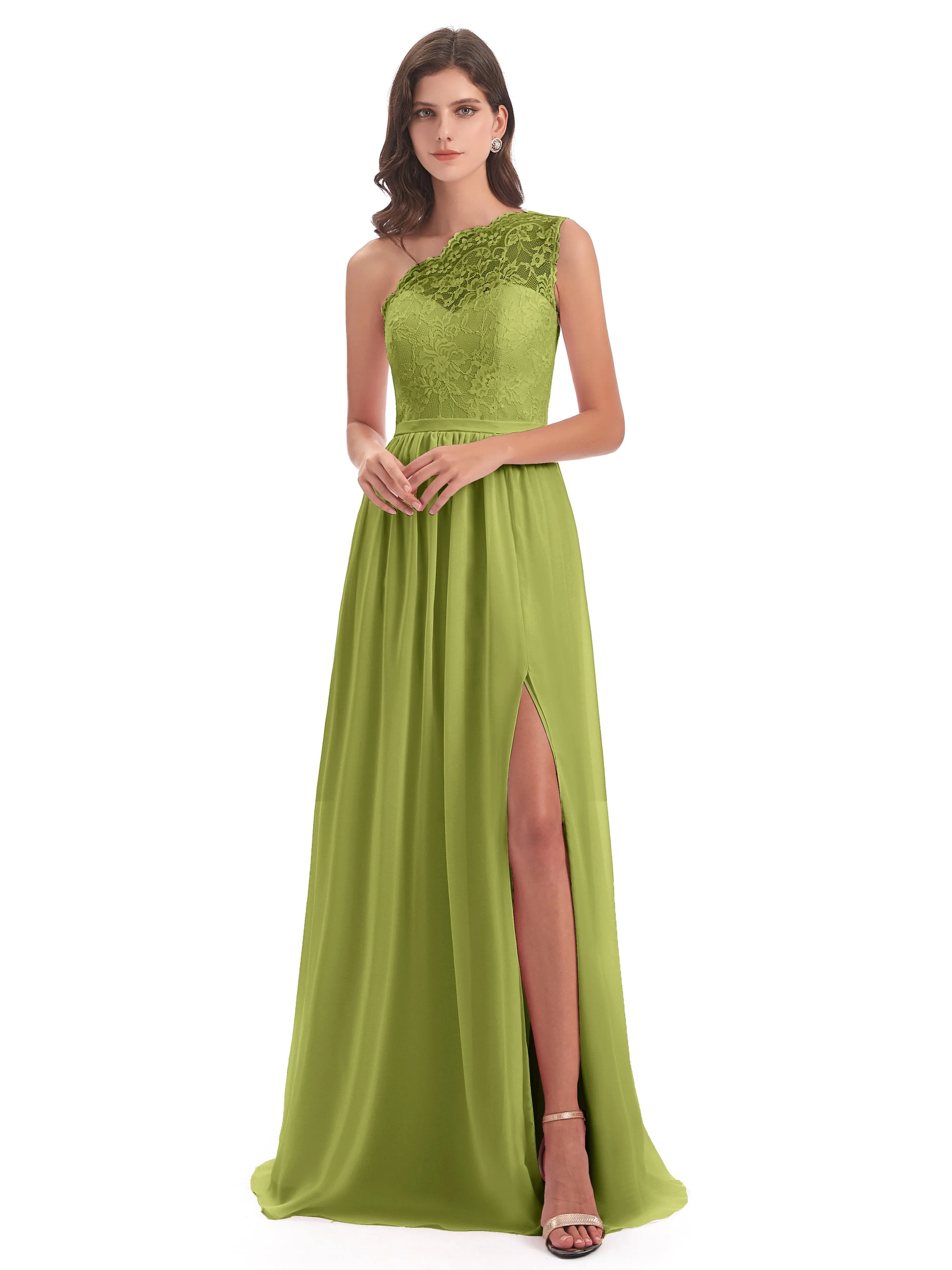 Eliza Lace/Chiffon One-Shoulder Floor-Length Bridesmaid Dresses