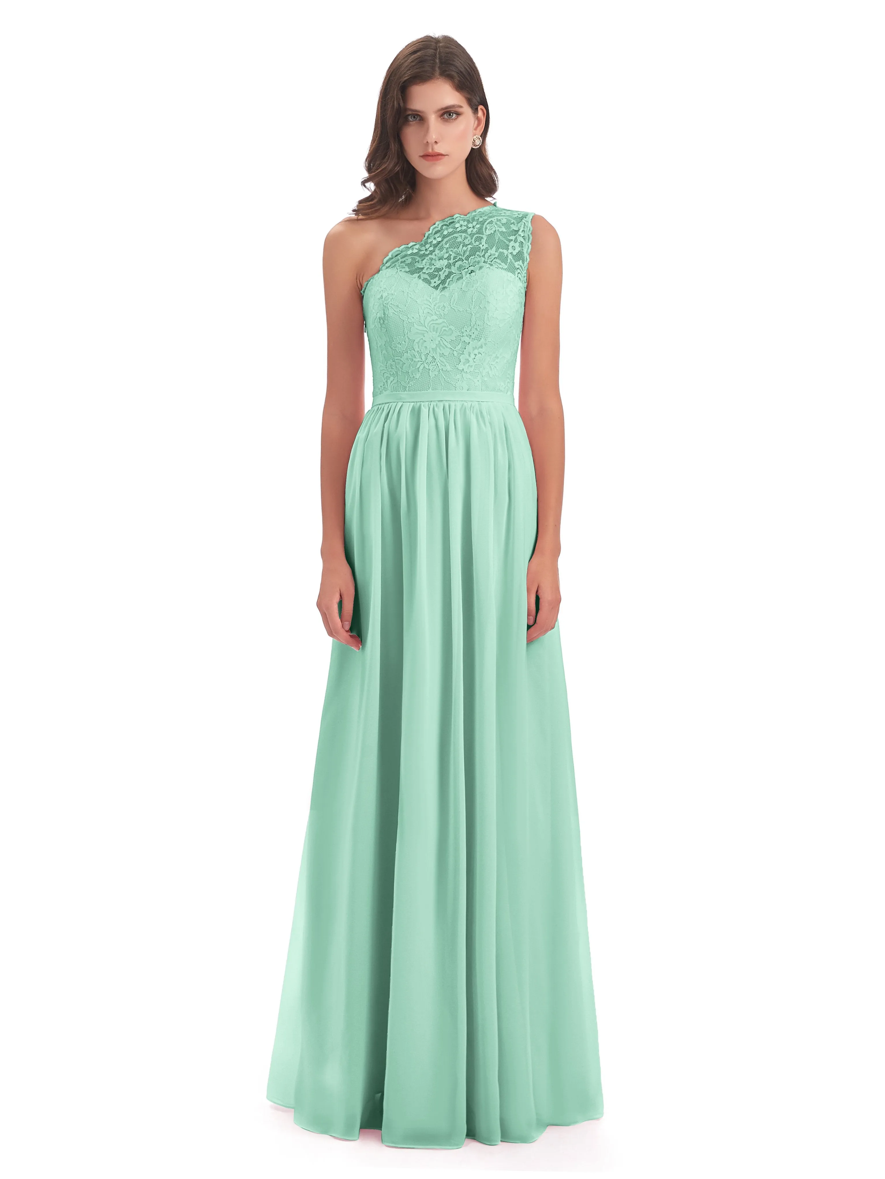 Eliza Lace/Chiffon One-Shoulder Floor-Length Bridesmaid Dresses