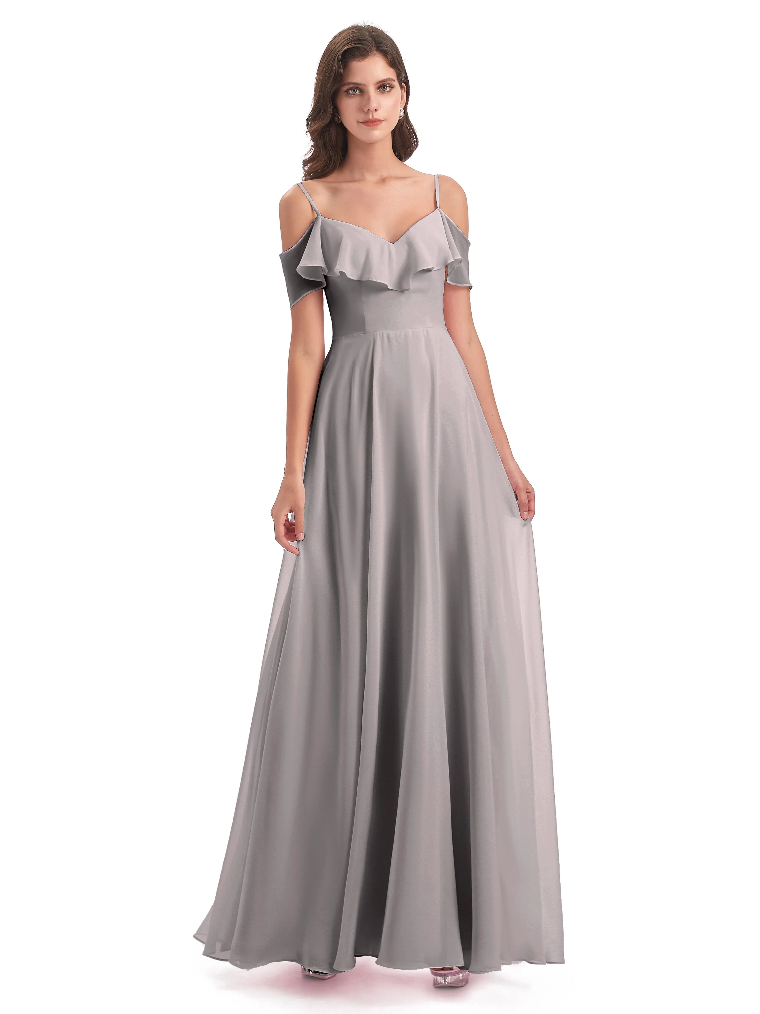 Elizabeth Fashion Spaghetti Straps Ruffles Long Chiffon Bridesmaid Dresses