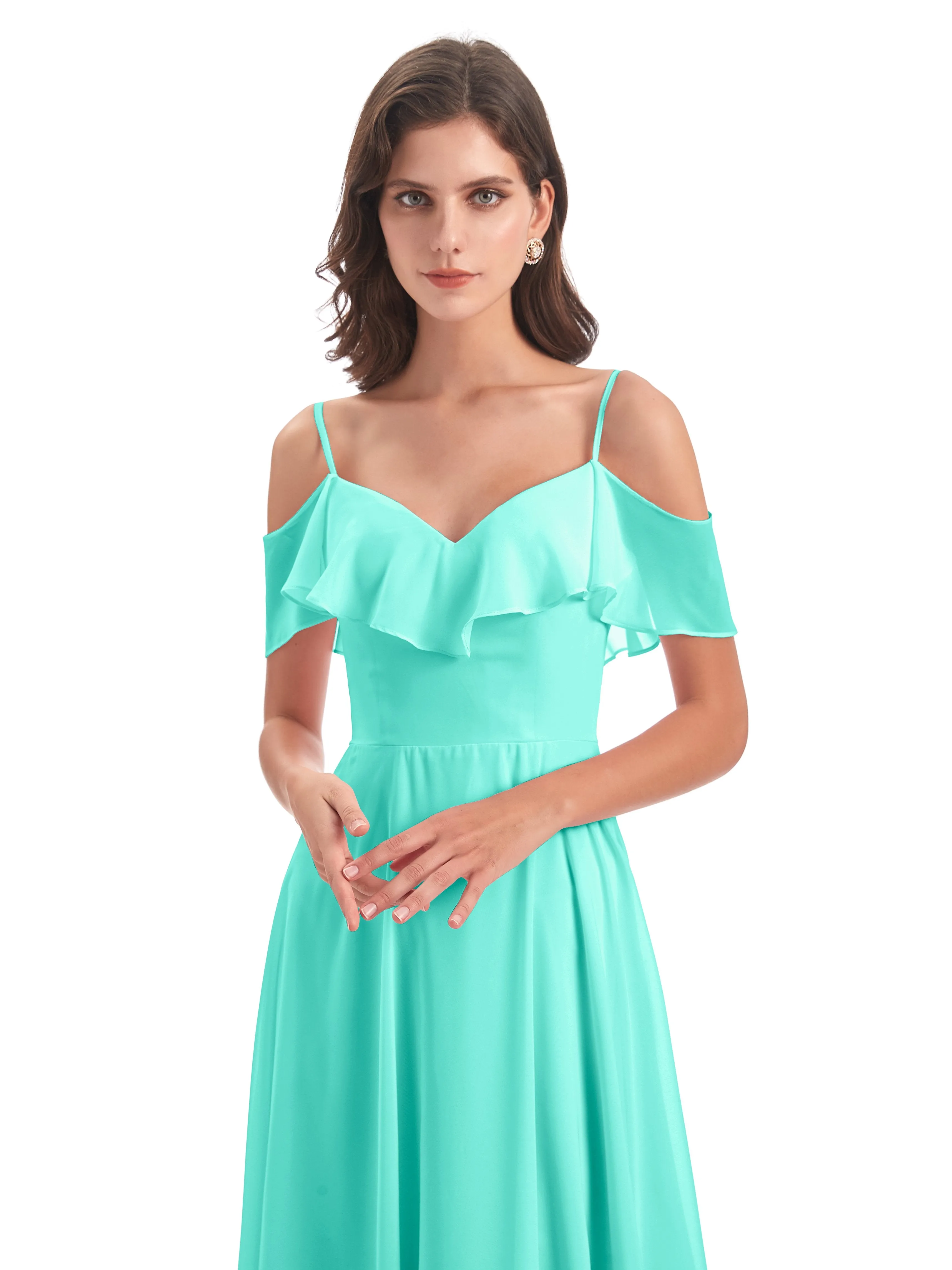 Elizabeth Fashion Spaghetti Straps Ruffles Long Chiffon Bridesmaid Dresses