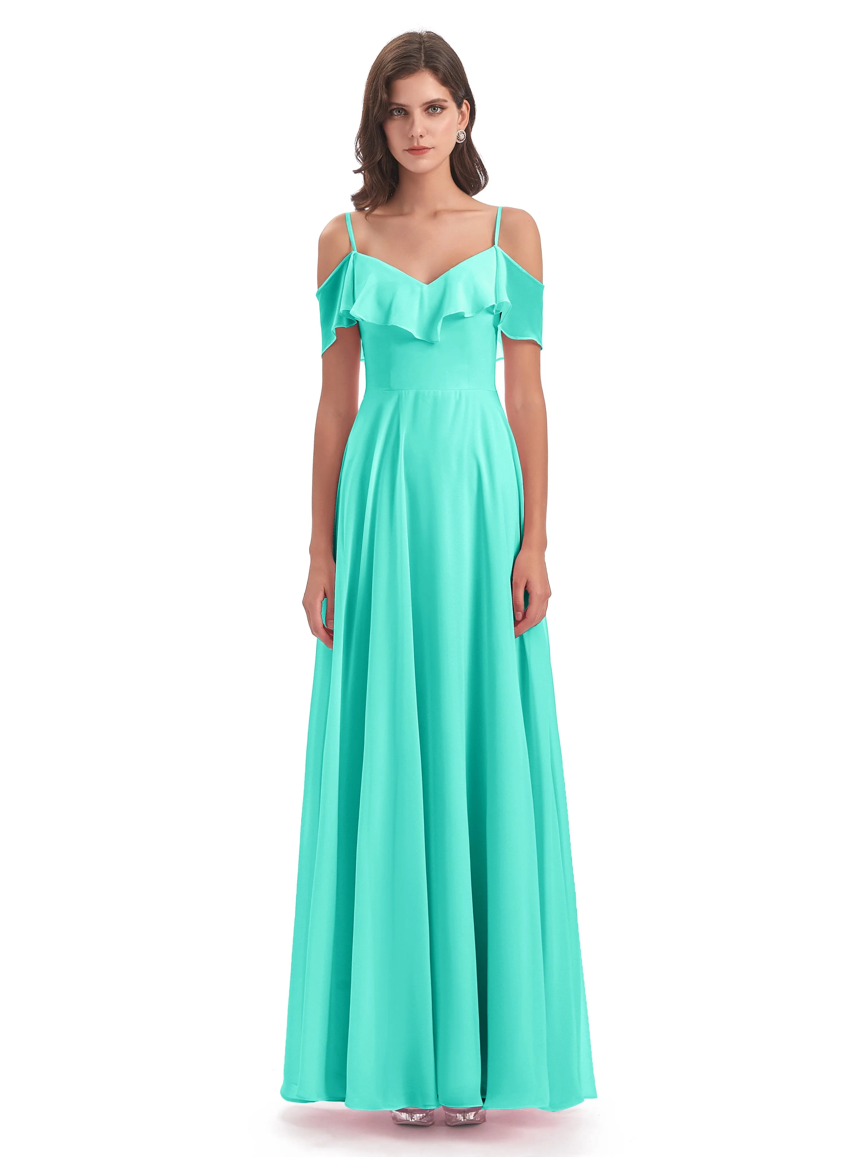 Elizabeth Fashion Spaghetti Straps Ruffles Long Chiffon Bridesmaid Dresses