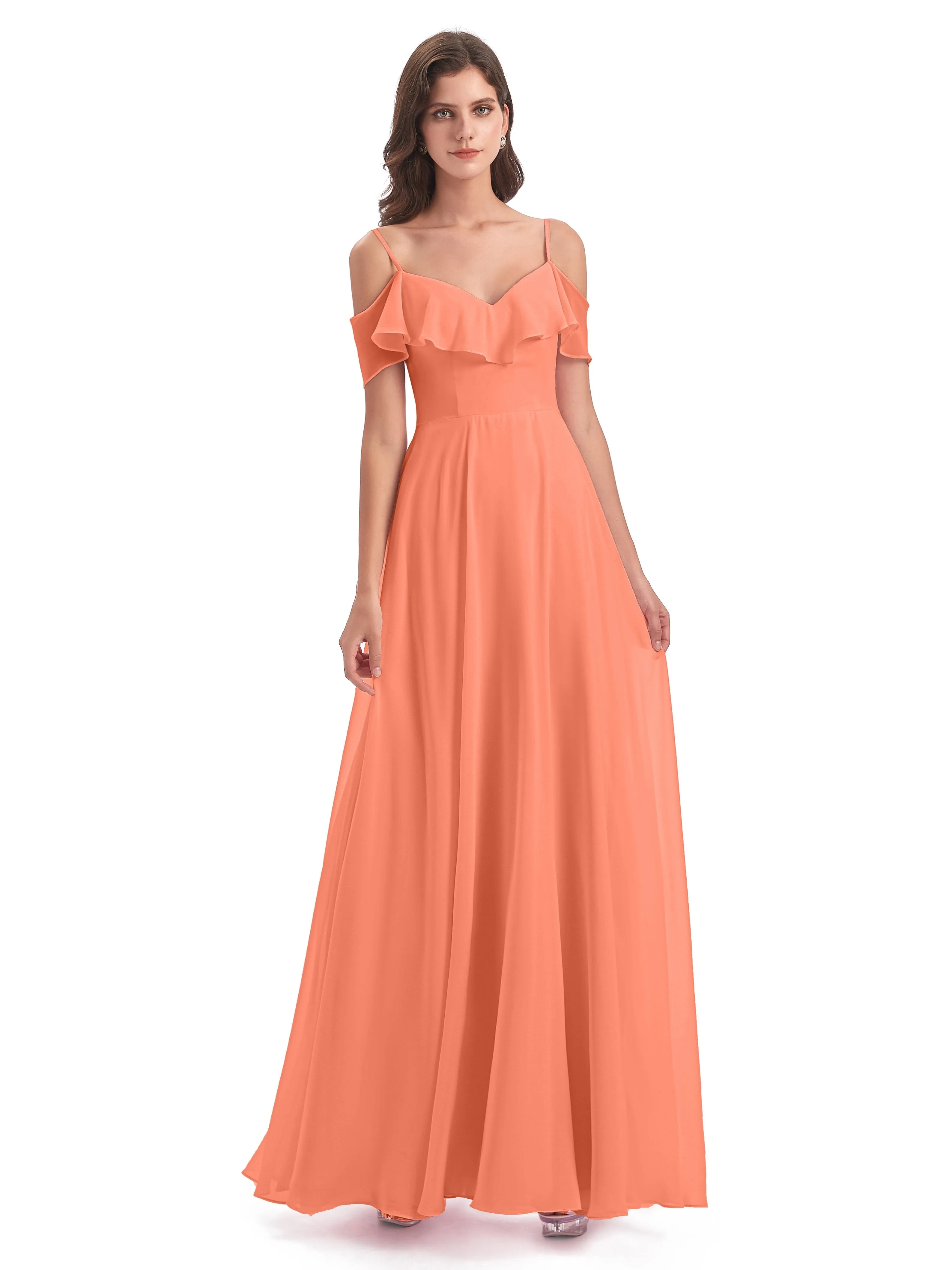 Elizabeth Fashion Spaghetti Straps Ruffles Long Chiffon Bridesmaid Dresses