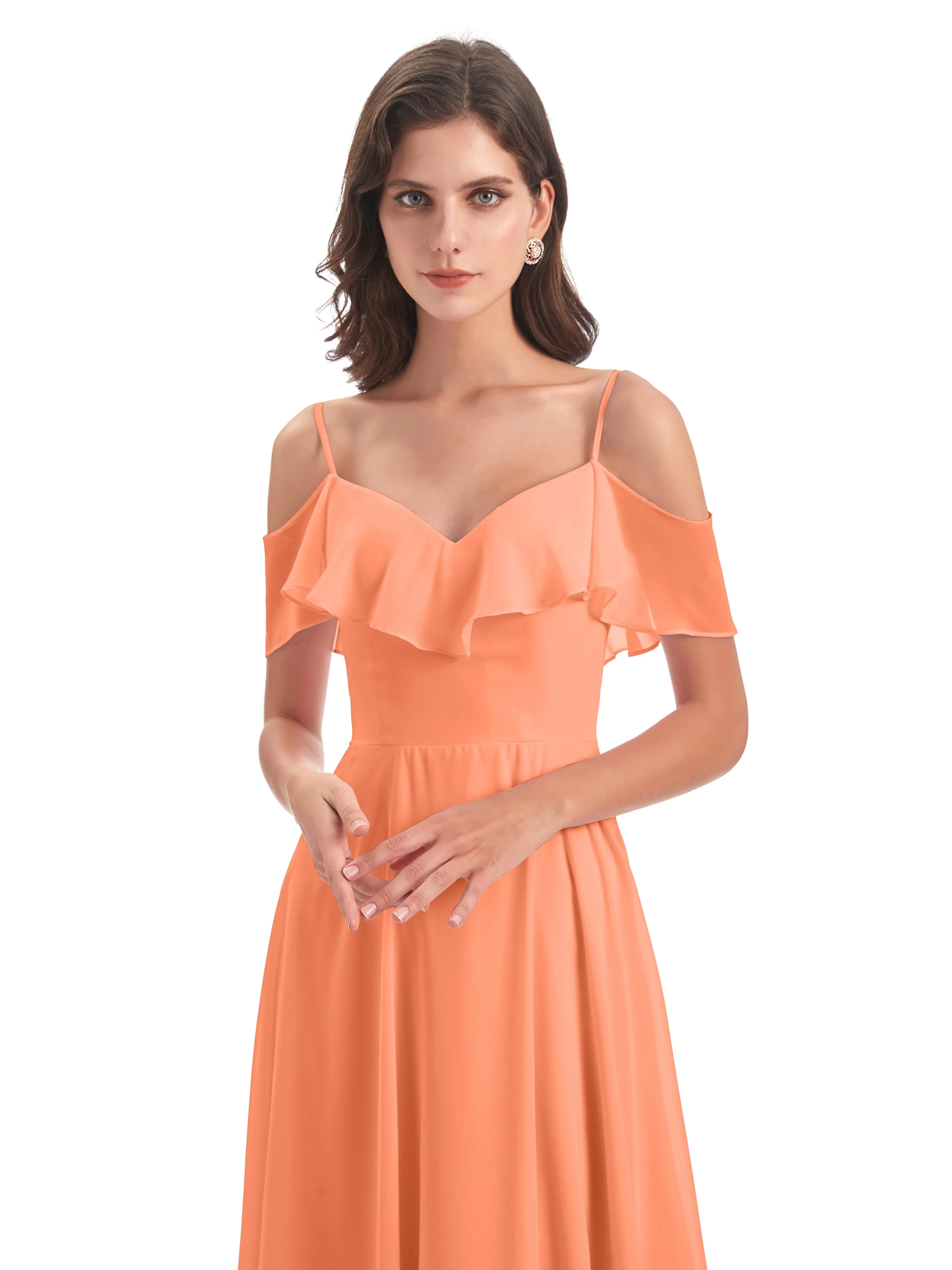 Elizabeth Fashion Spaghetti Straps Ruffles Long Chiffon Bridesmaid Dresses