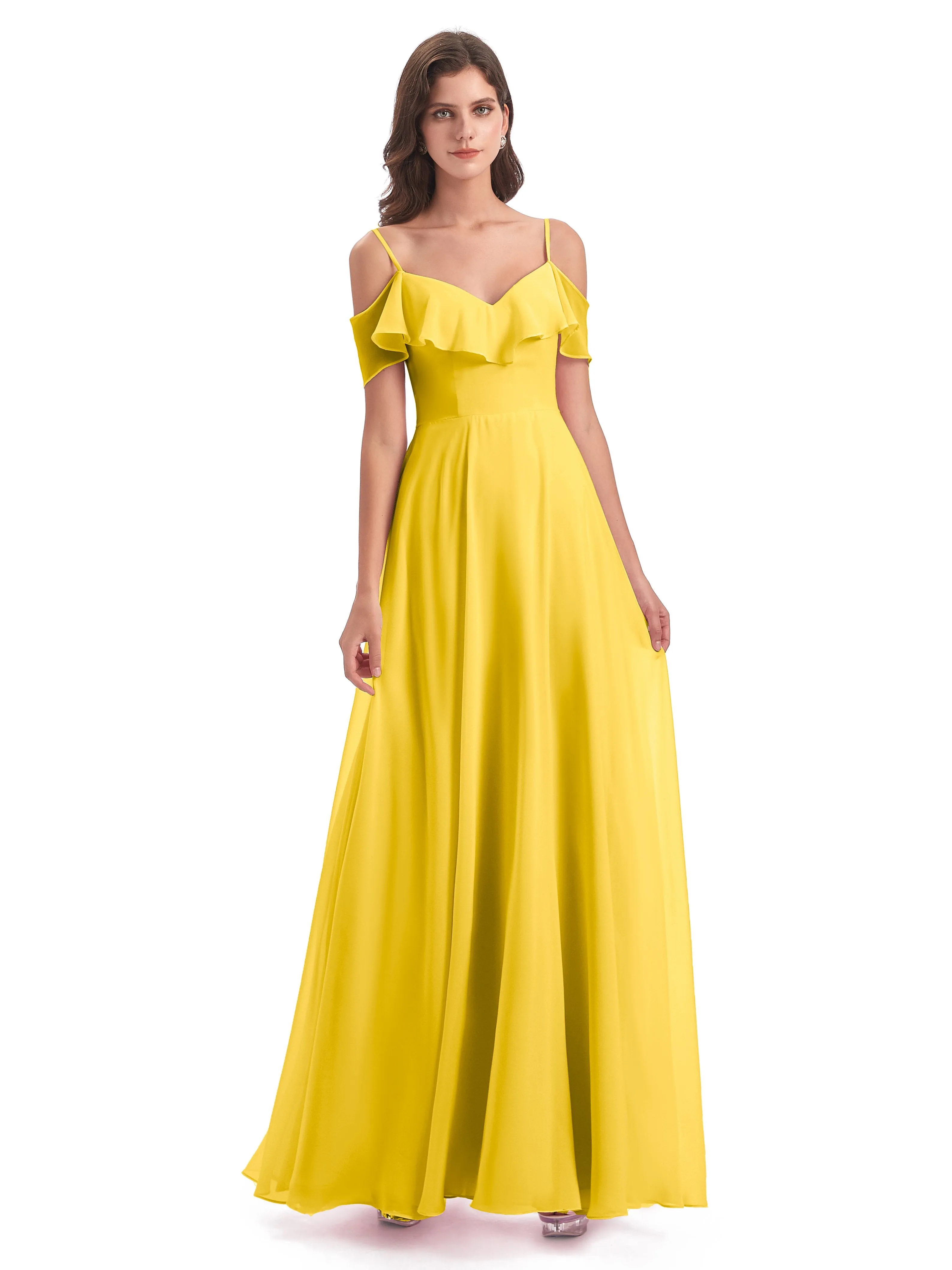 Elizabeth Fashion Spaghetti Straps Ruffles Long Chiffon Bridesmaid Dresses