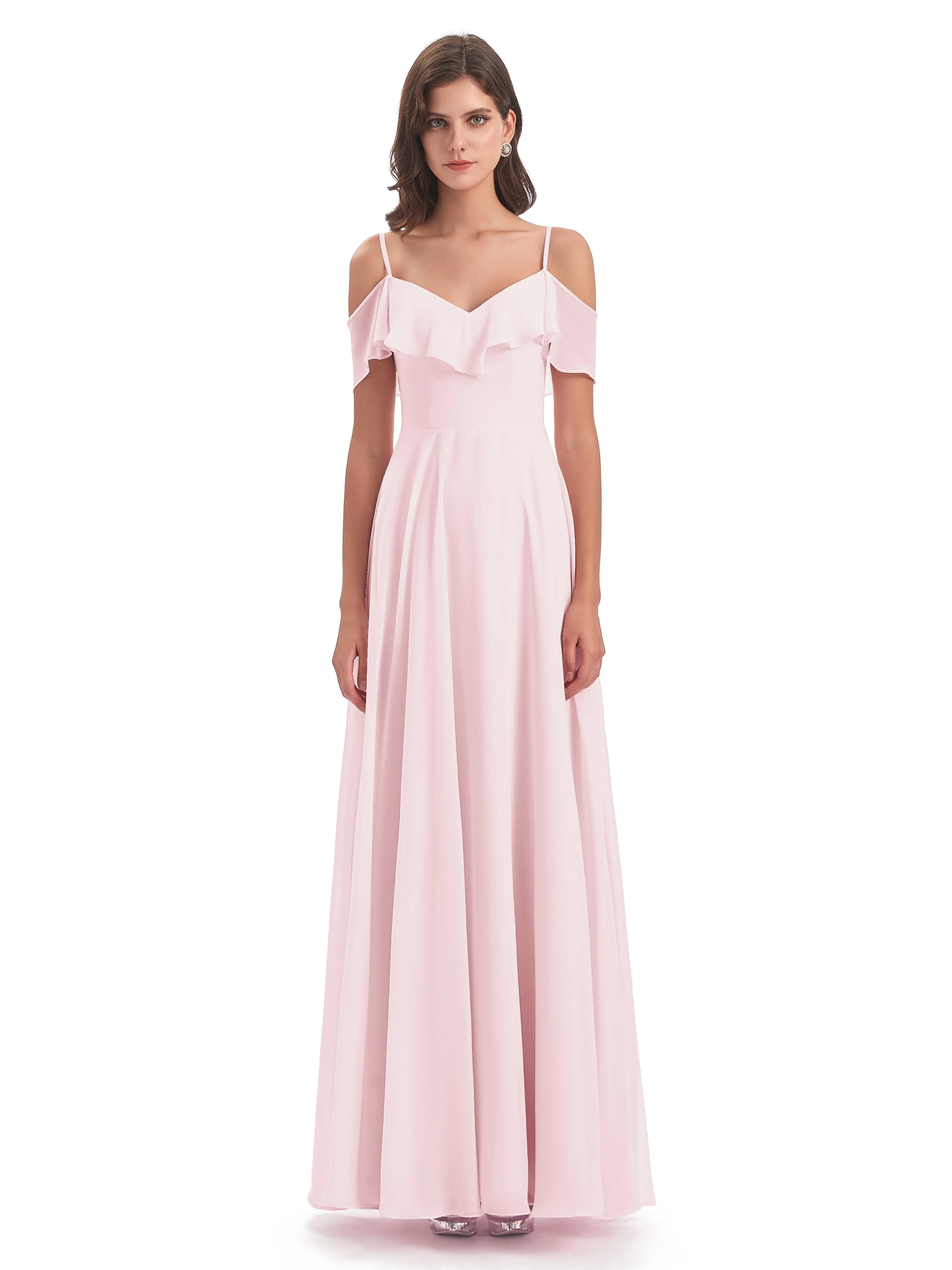 Elizabeth Fashion Spaghetti Straps Ruffles Long Chiffon Bridesmaid Dresses