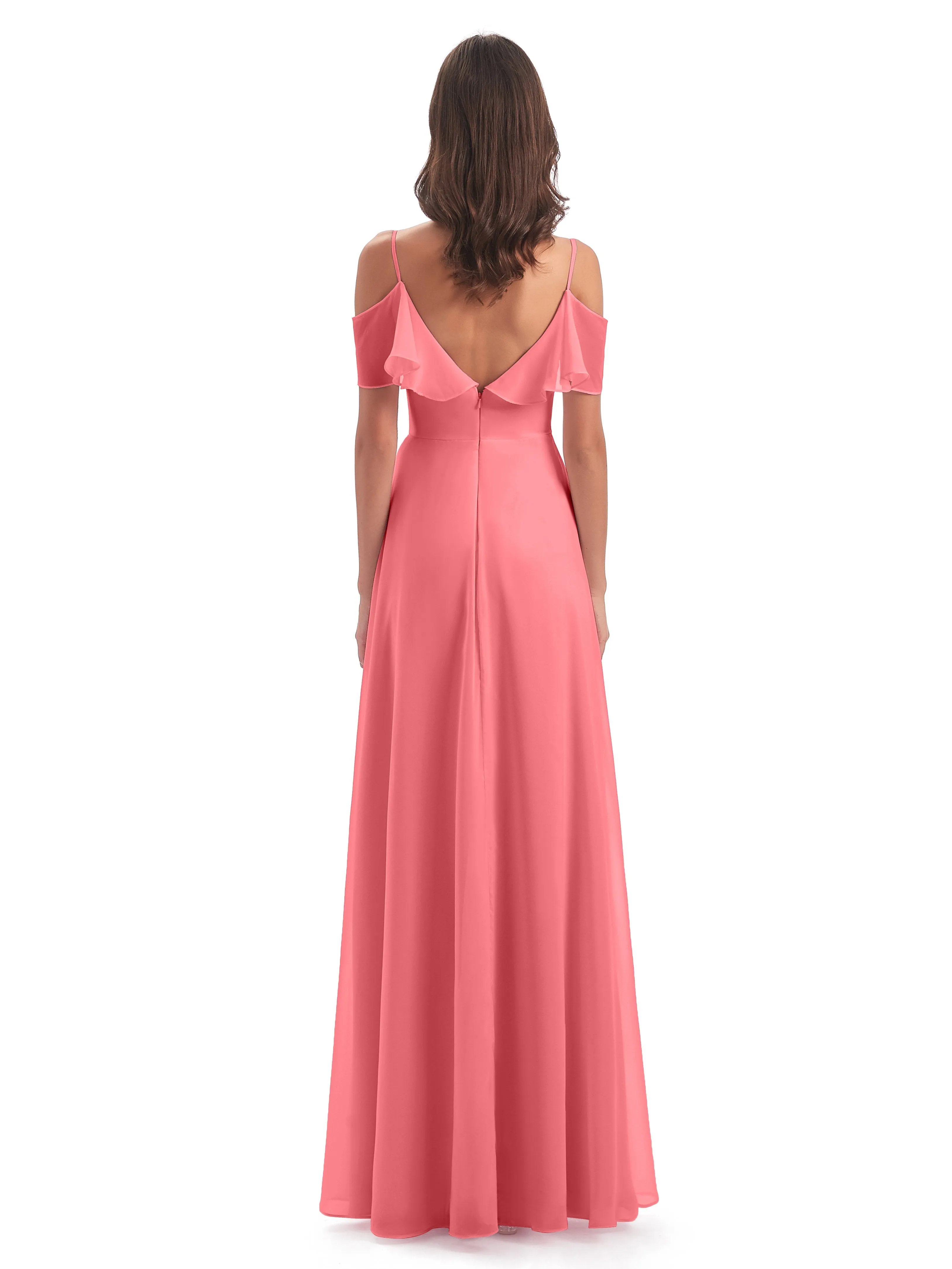 Elizabeth Fashion Spaghetti Straps Ruffles Long Chiffon Bridesmaid Dresses