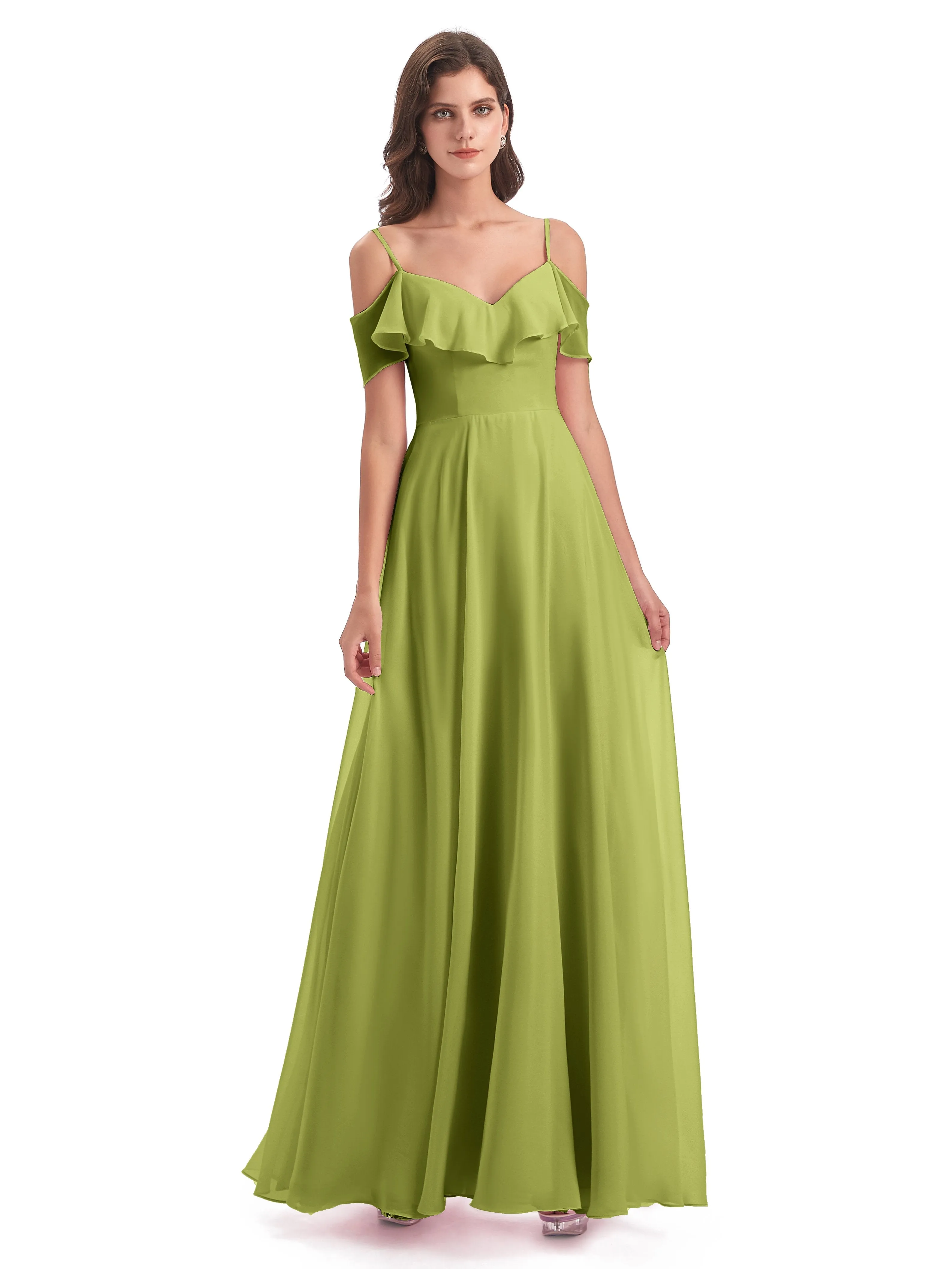 Elizabeth Fashion Spaghetti Straps Ruffles Long Chiffon Bridesmaid Dresses