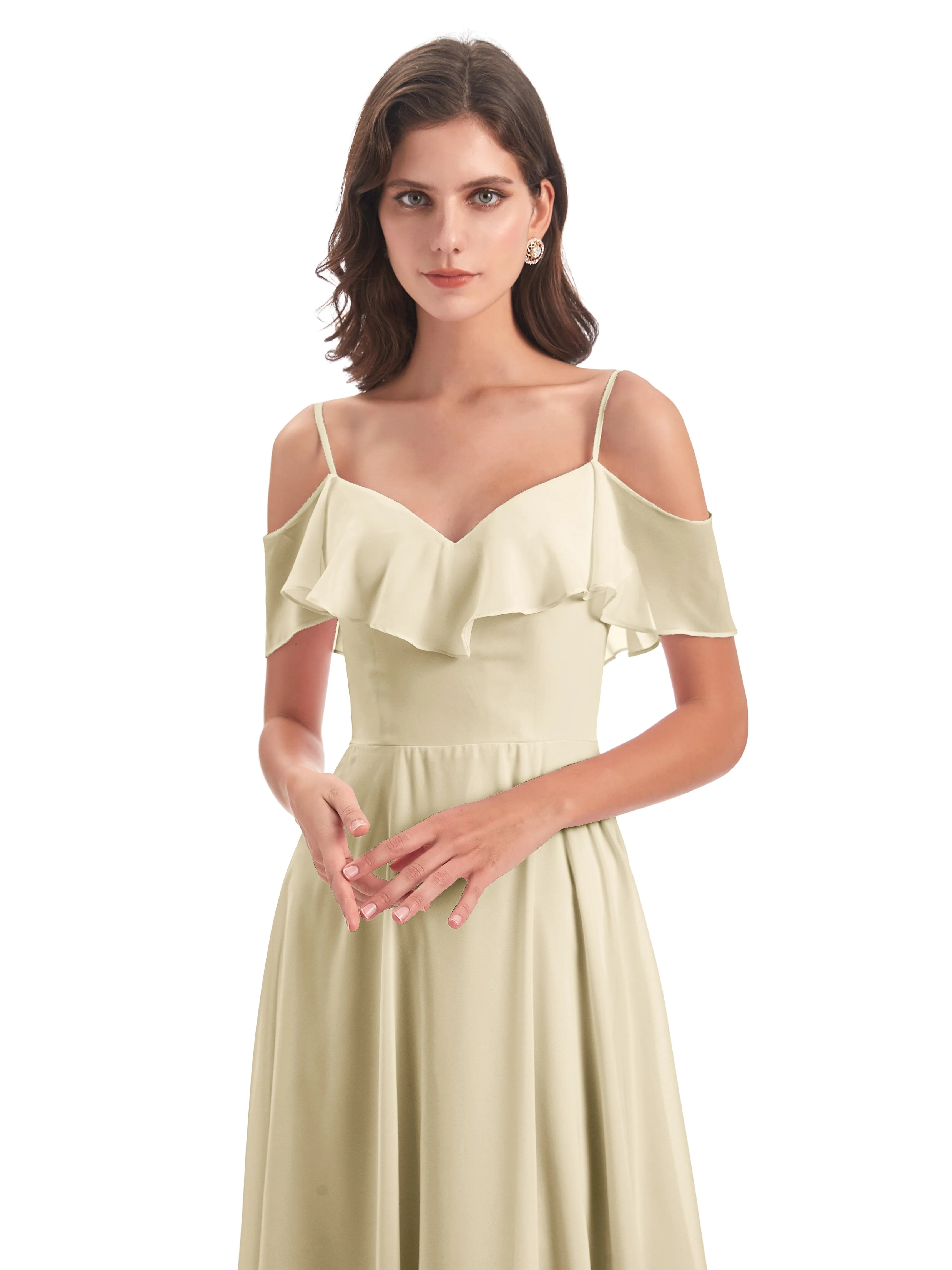 Elizabeth Fashion Spaghetti Straps Ruffles Long Chiffon Bridesmaid Dresses