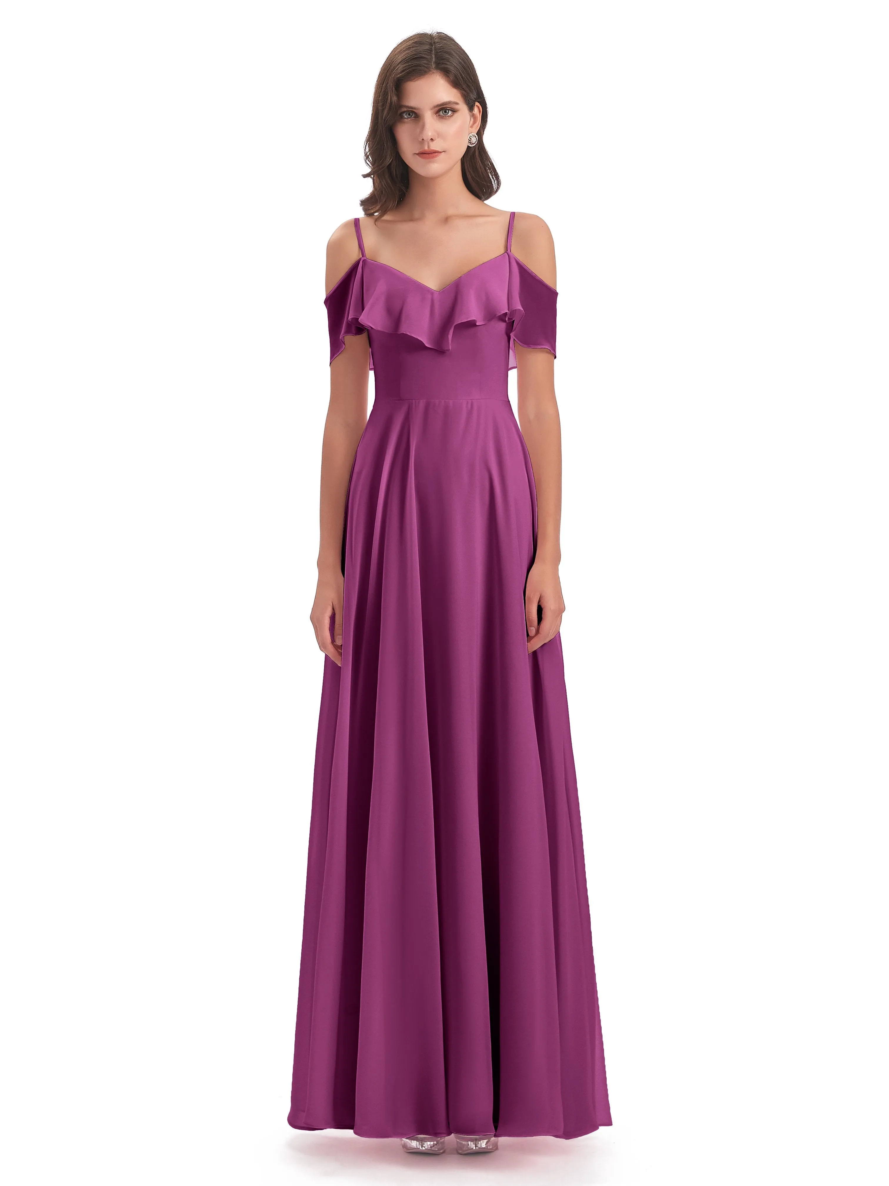 Elizabeth Fashion Spaghetti Straps Ruffles Long Chiffon Bridesmaid Dresses