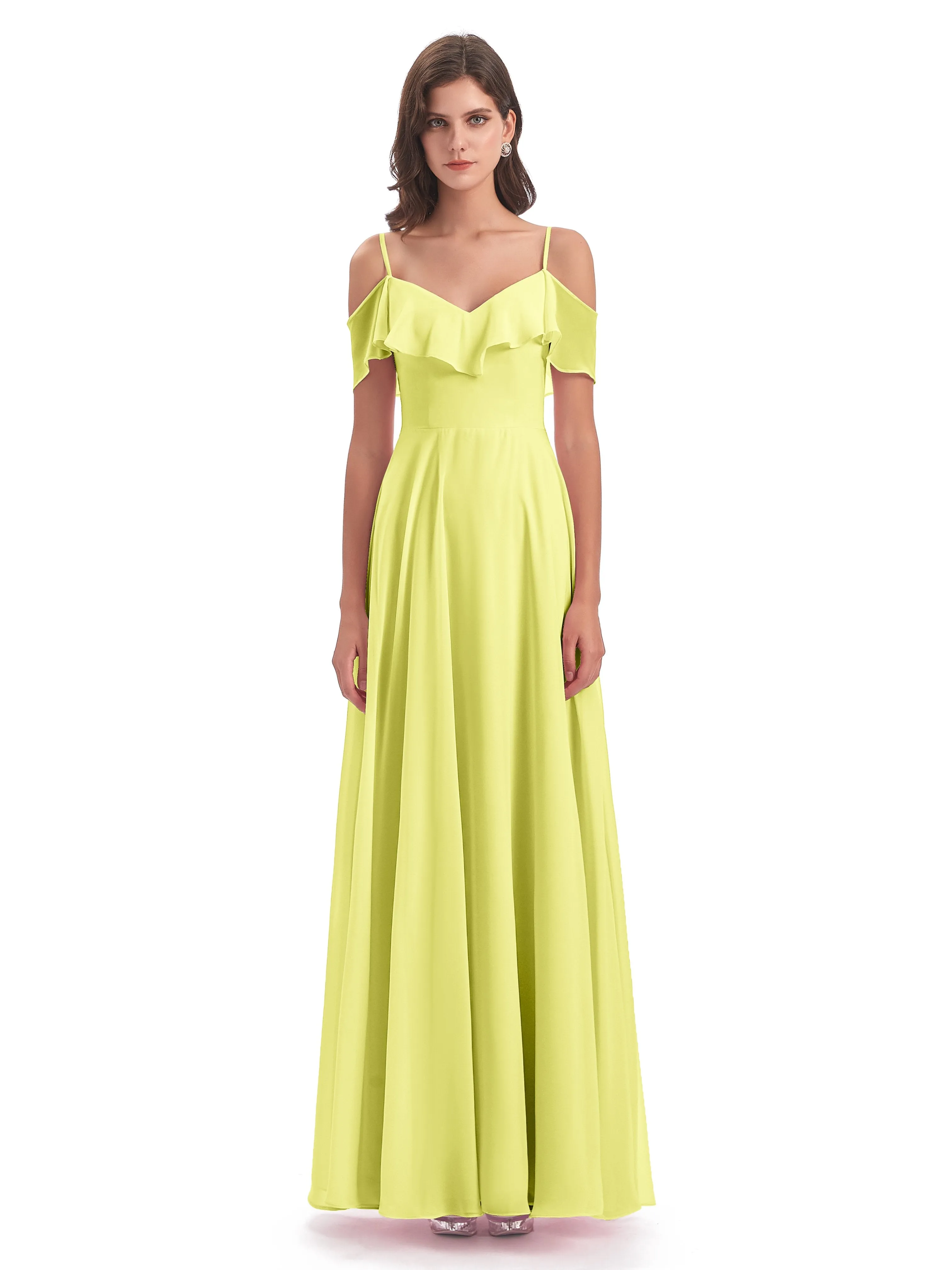 Elizabeth Fashion Spaghetti Straps Ruffles Long Chiffon Bridesmaid Dresses