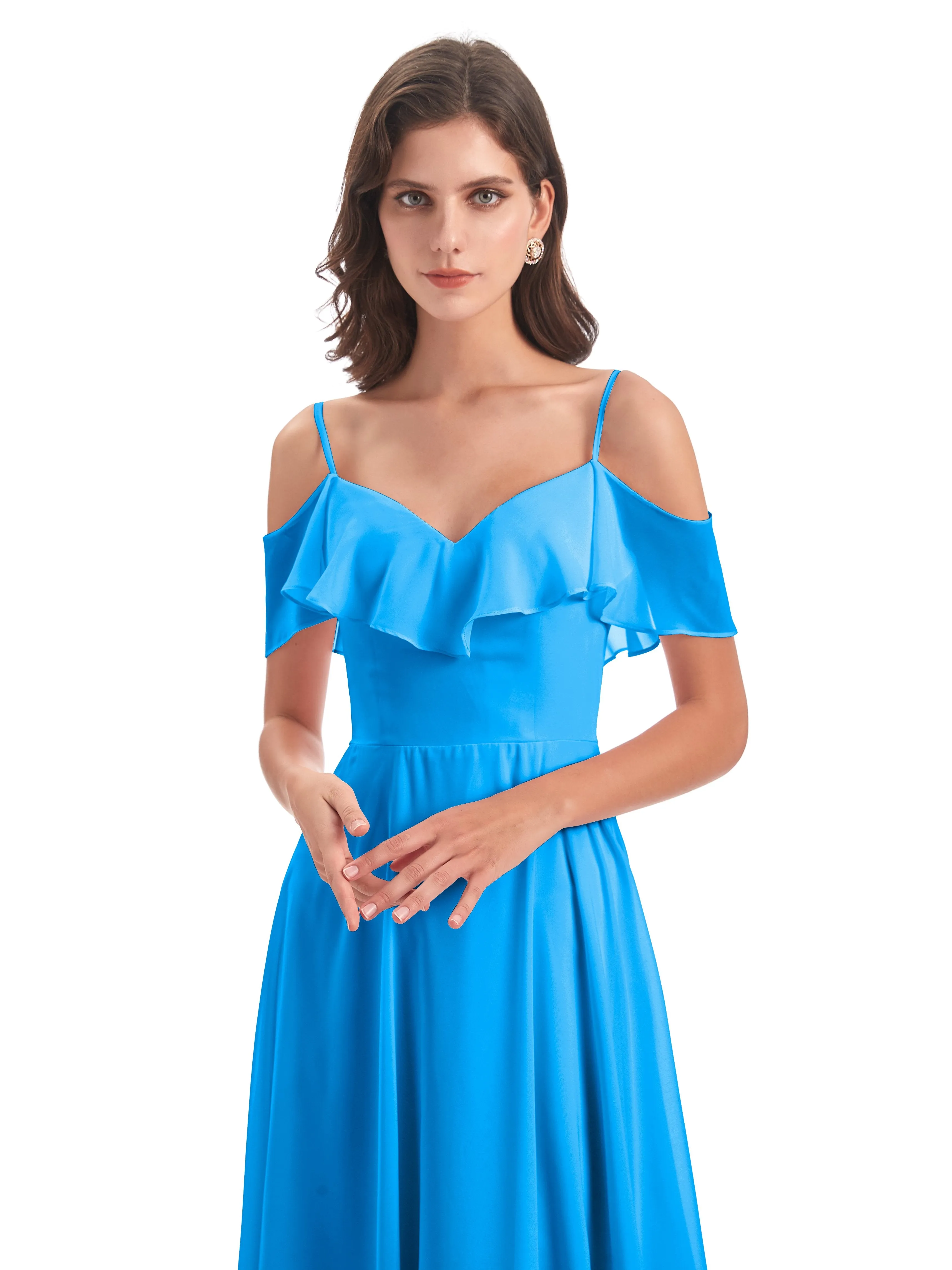 Elizabeth Fashion Spaghetti Straps Ruffles Long Chiffon Bridesmaid Dresses