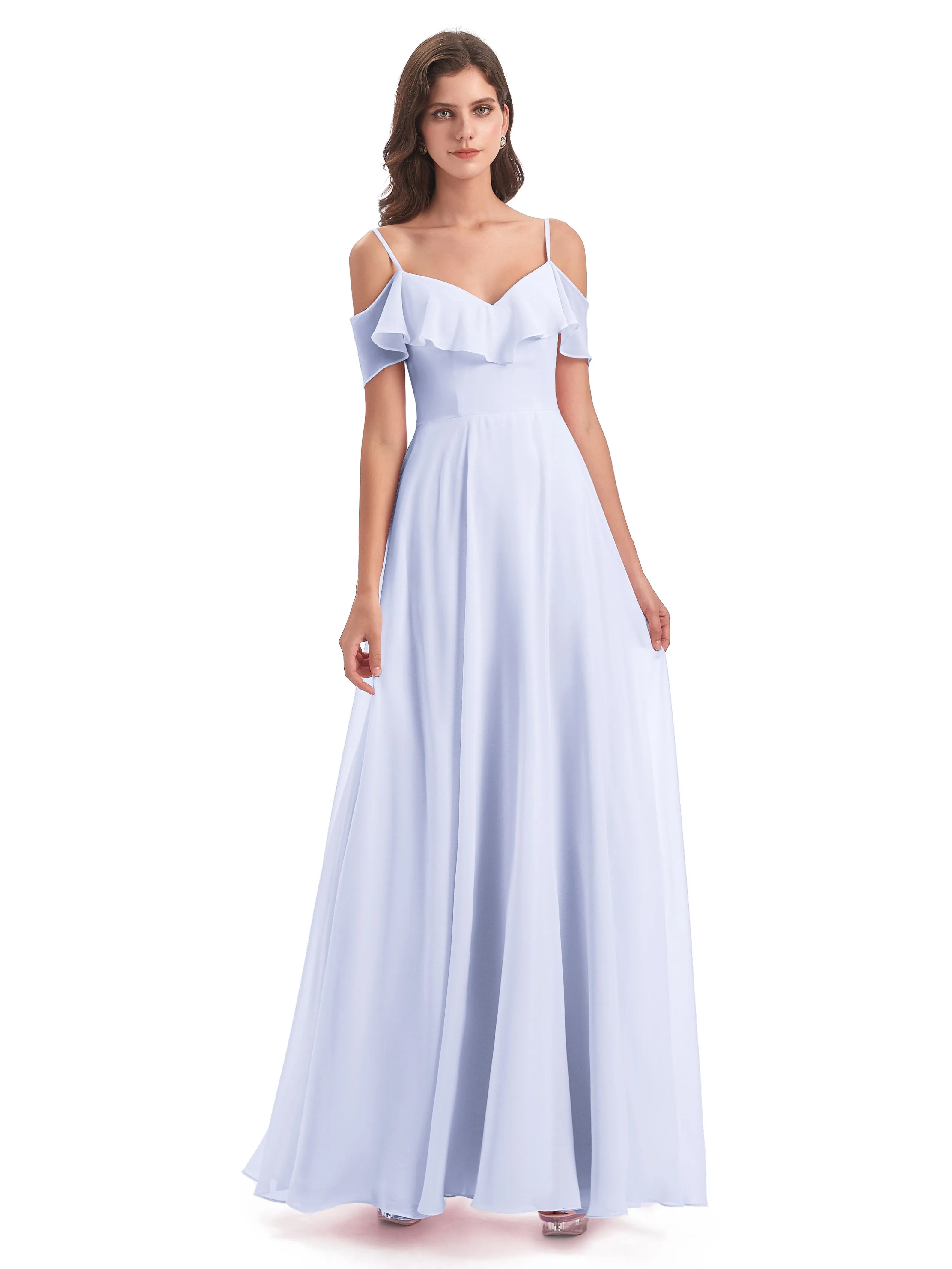 Elizabeth Fashion Spaghetti Straps Ruffles Long Chiffon Bridesmaid Dresses