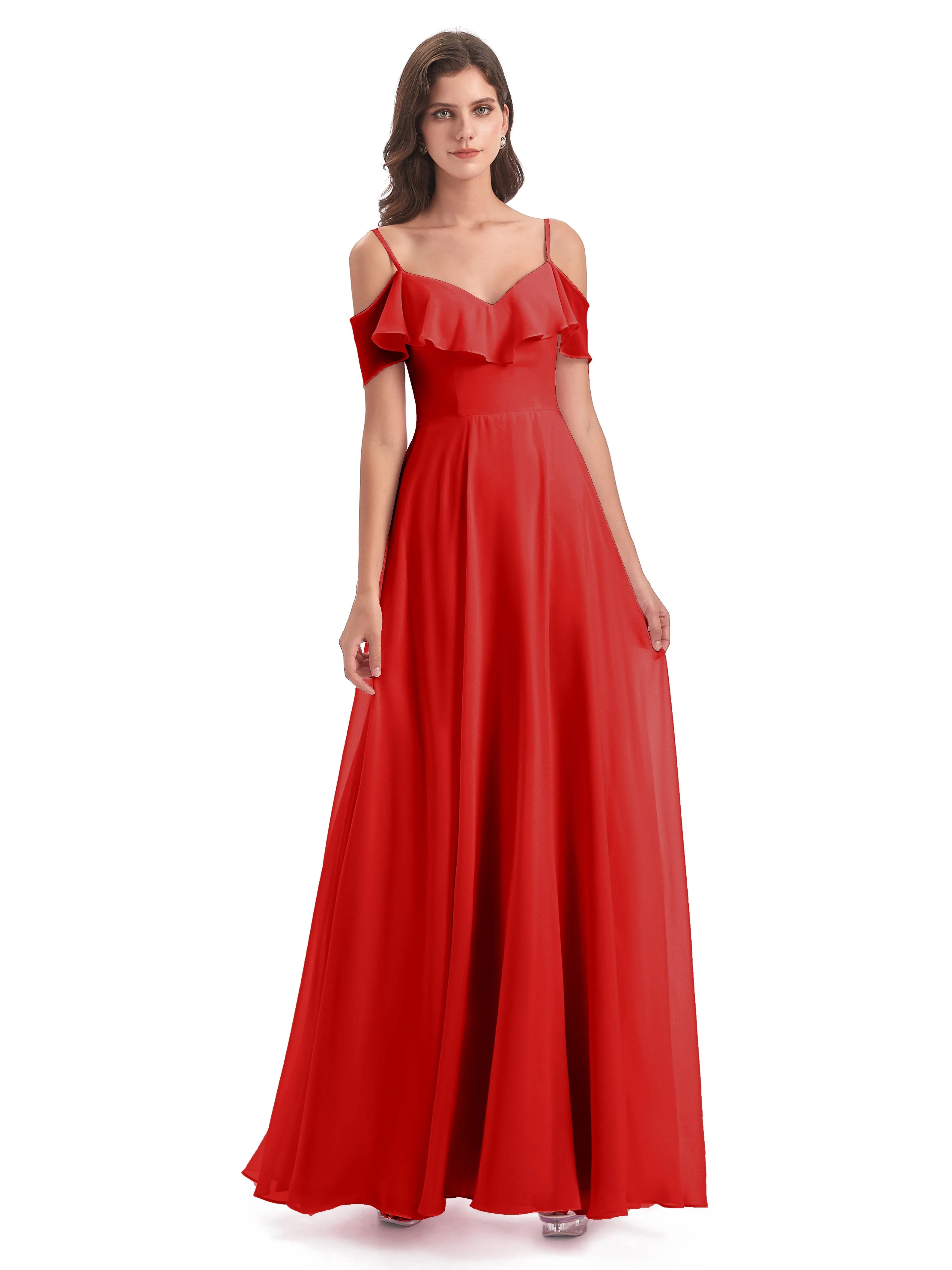 Elizabeth Fashion Spaghetti Straps Ruffles Long Chiffon Bridesmaid Dresses