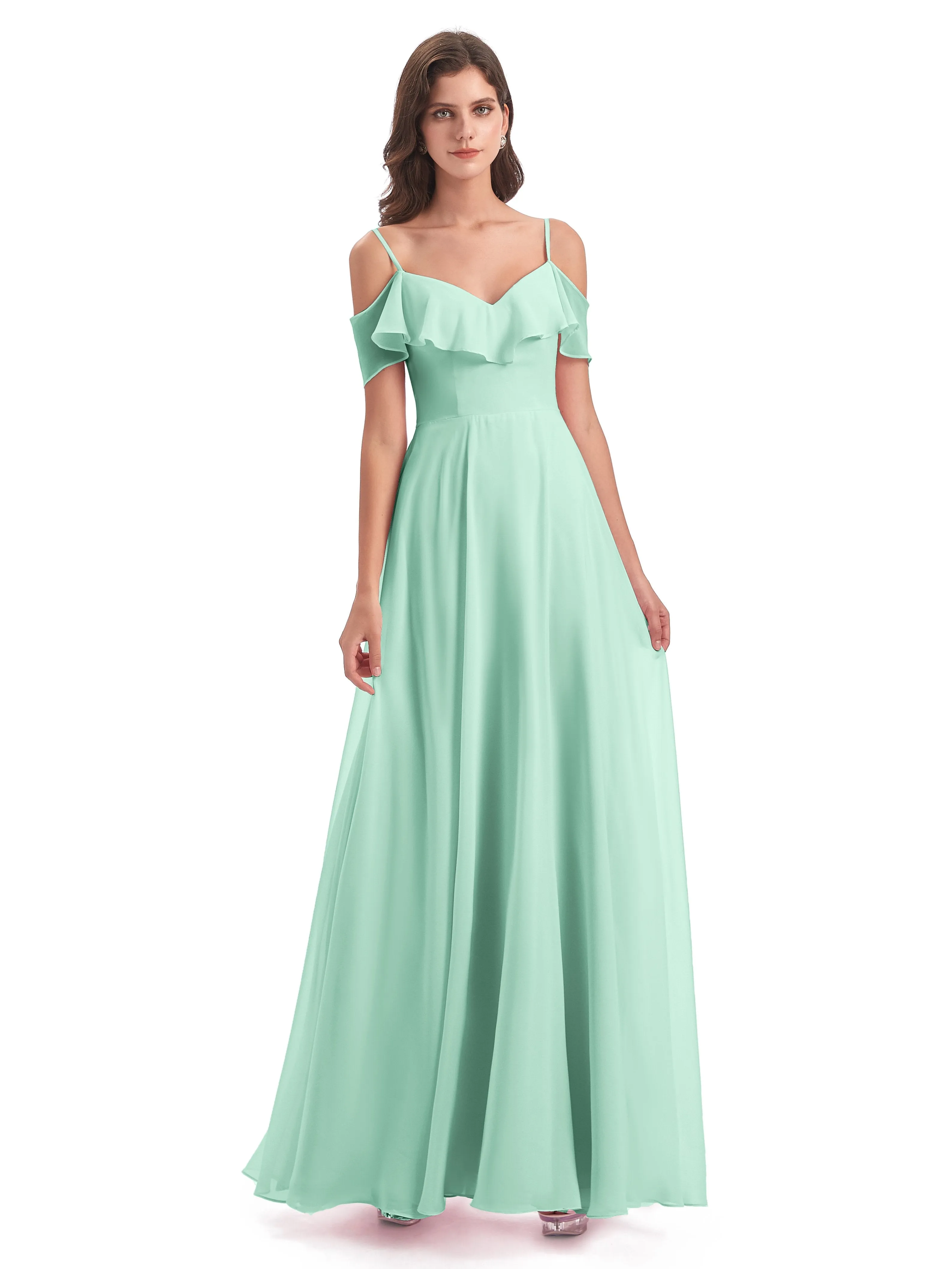 Elizabeth Fashion Spaghetti Straps Ruffles Long Chiffon Bridesmaid Dresses