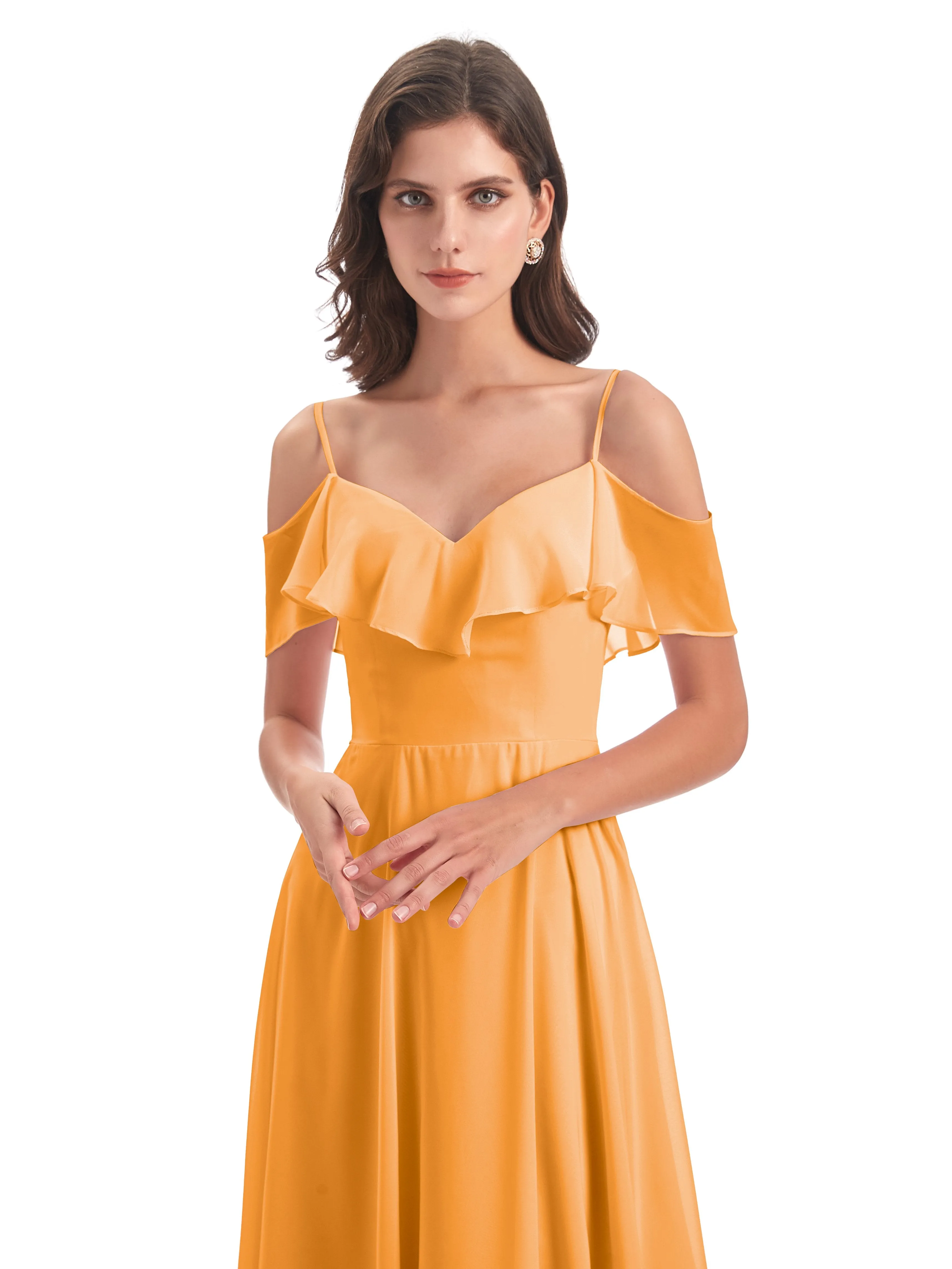 Elizabeth Fashion Spaghetti Straps Ruffles Long Chiffon Bridesmaid Dresses