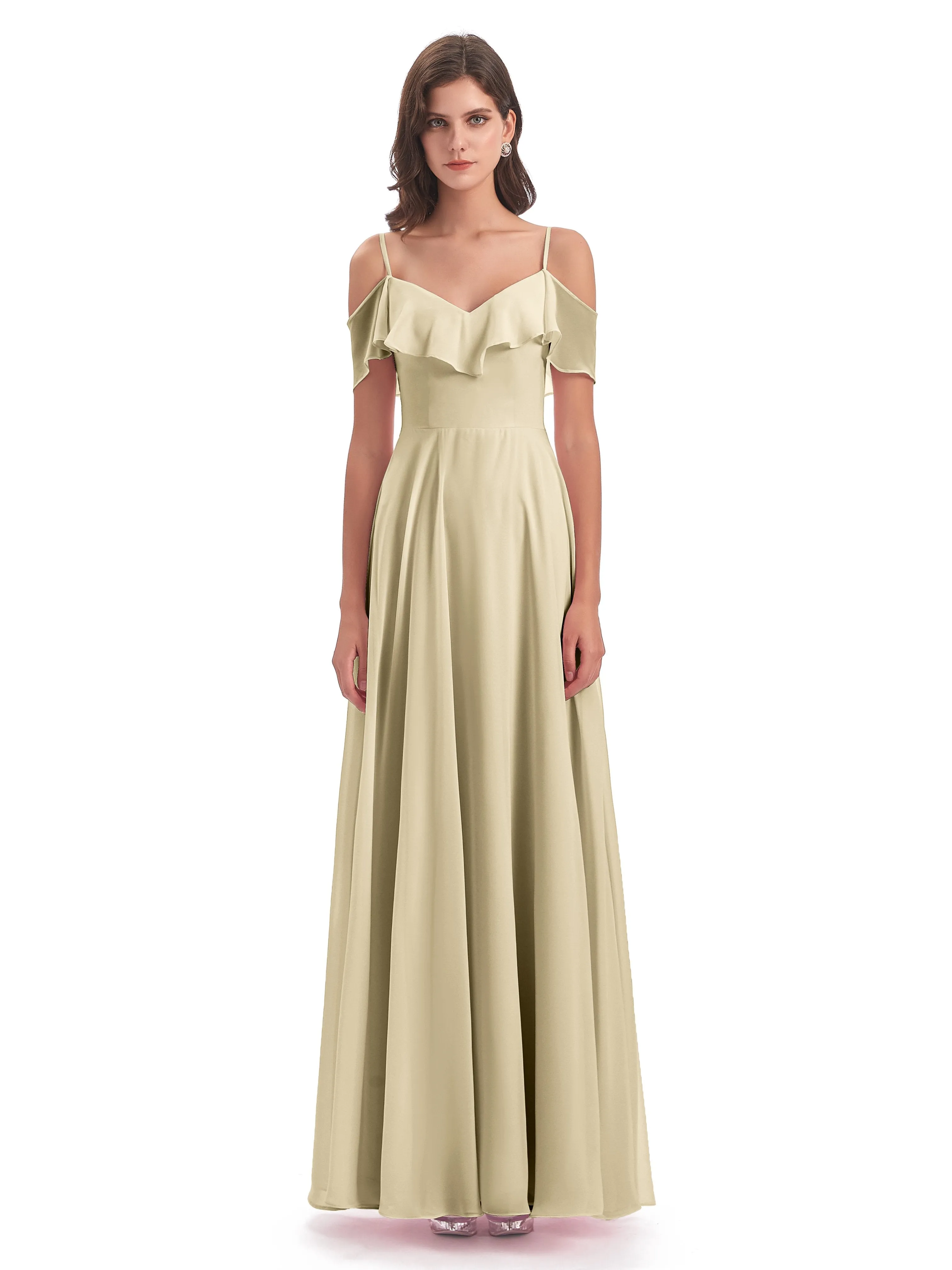 Elizabeth Fashion Spaghetti Straps Ruffles Long Chiffon Bridesmaid Dresses