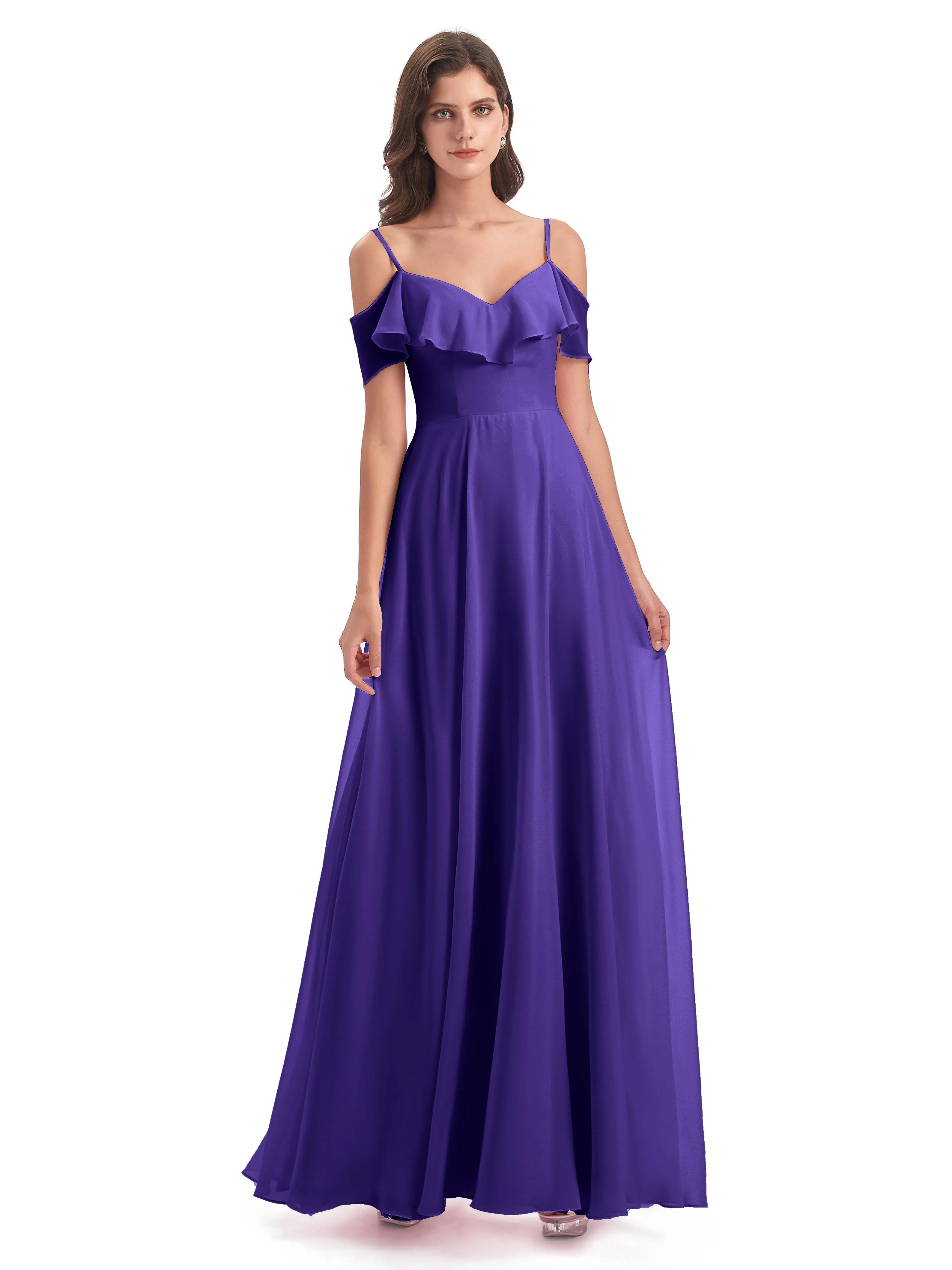 Elizabeth Fashion Spaghetti Straps Ruffles Long Chiffon Bridesmaid Dresses