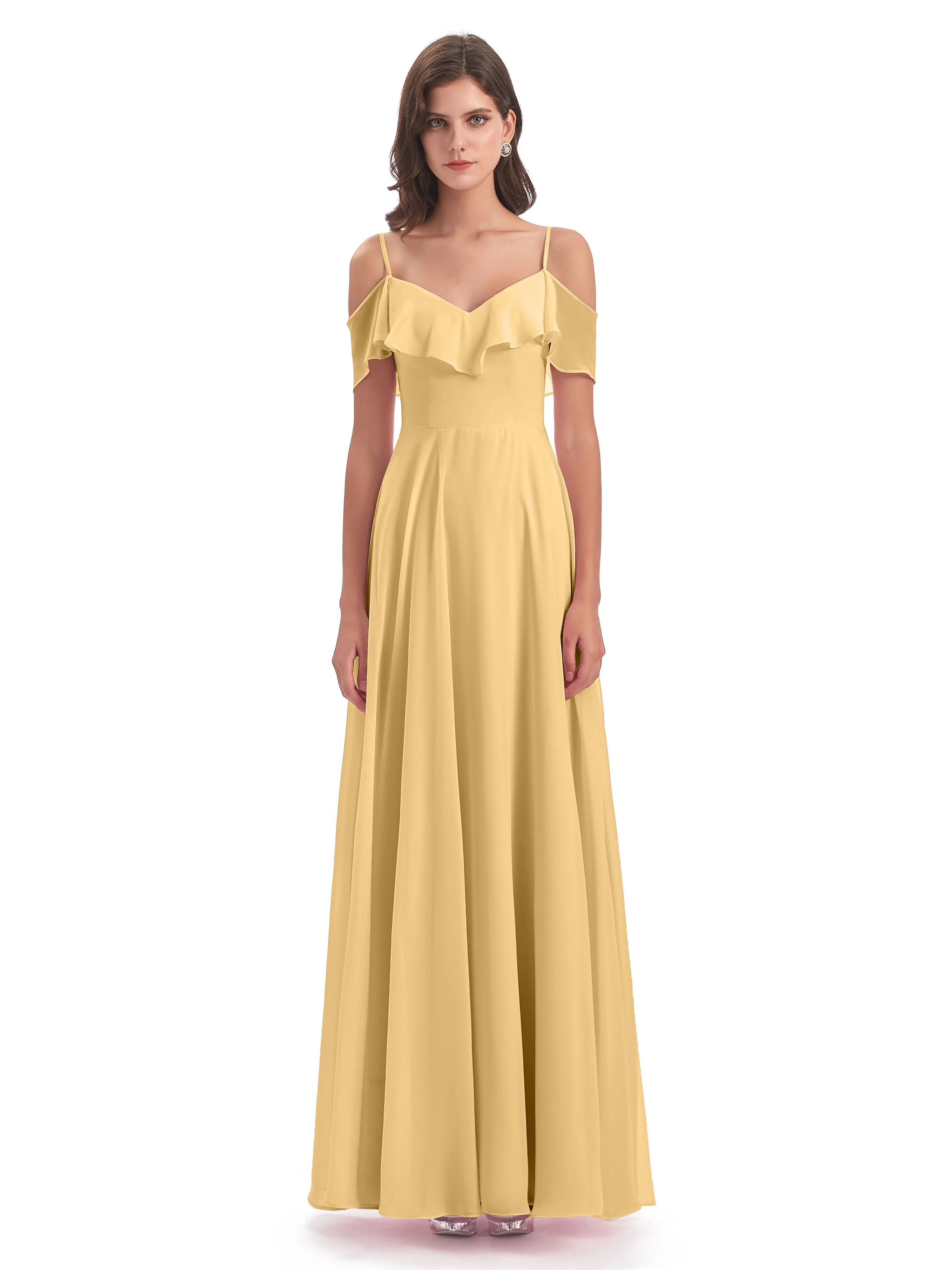 Elizabeth Fashion Spaghetti Straps Ruffles Long Chiffon Bridesmaid Dresses