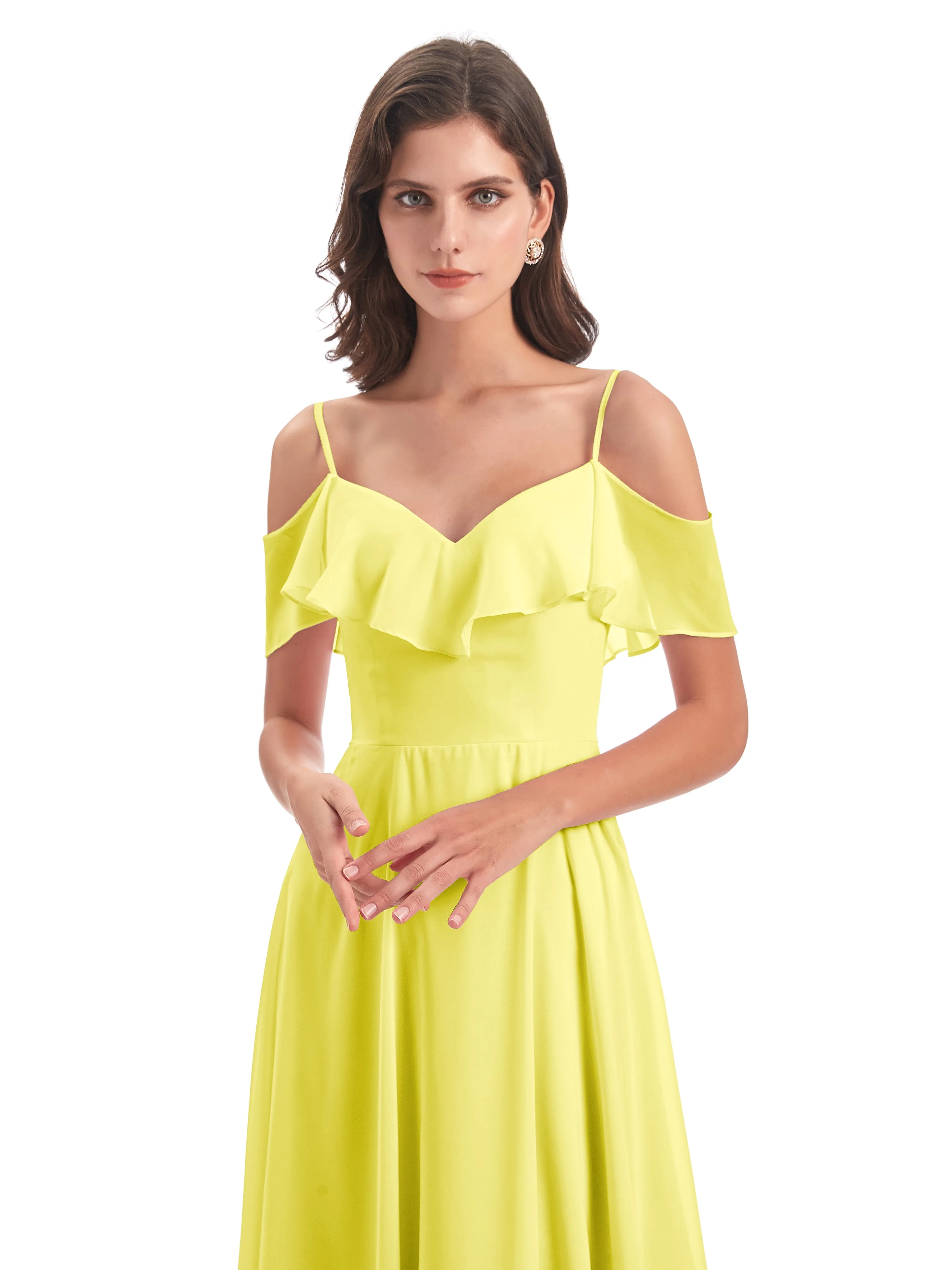 Elizabeth Fashion Spaghetti Straps Ruffles Long Chiffon Bridesmaid Dresses