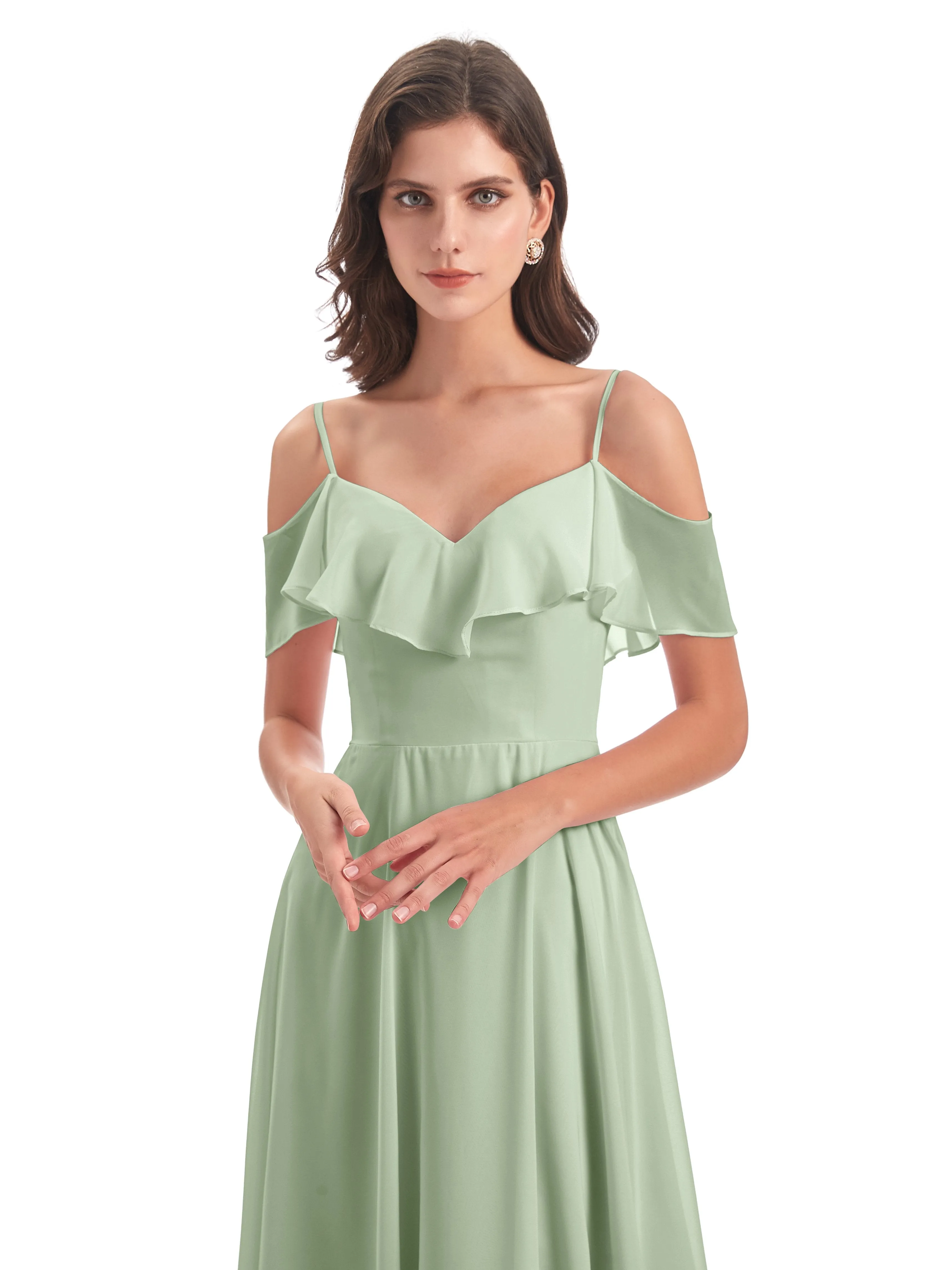 Elizabeth Fashion Spaghetti Straps Ruffles Long Chiffon Bridesmaid Dresses