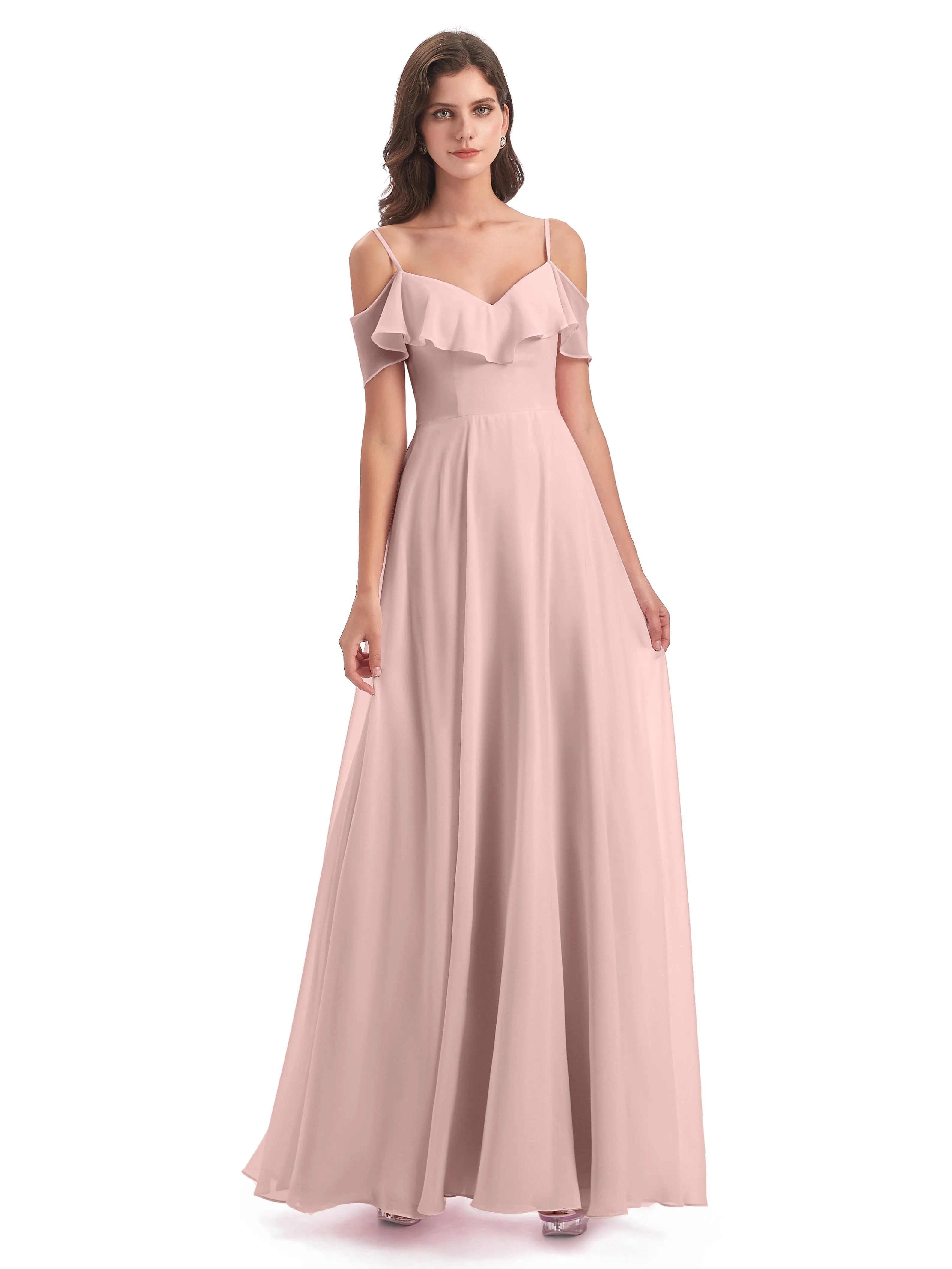 Elizabeth Fashion Spaghetti Straps Ruffles Long Chiffon Bridesmaid Dresses