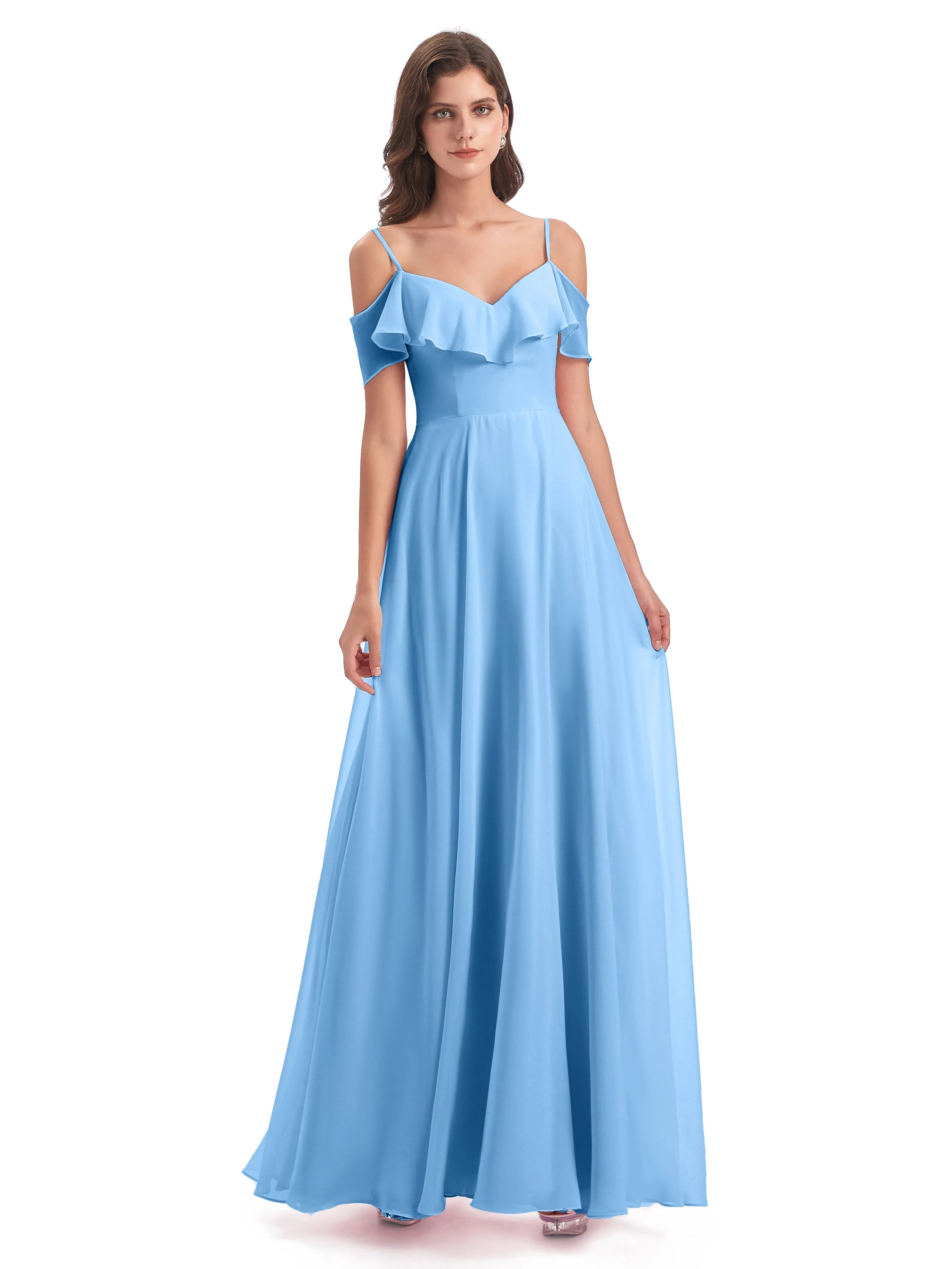 Elizabeth Fashion Spaghetti Straps Ruffles Long Chiffon Bridesmaid Dresses