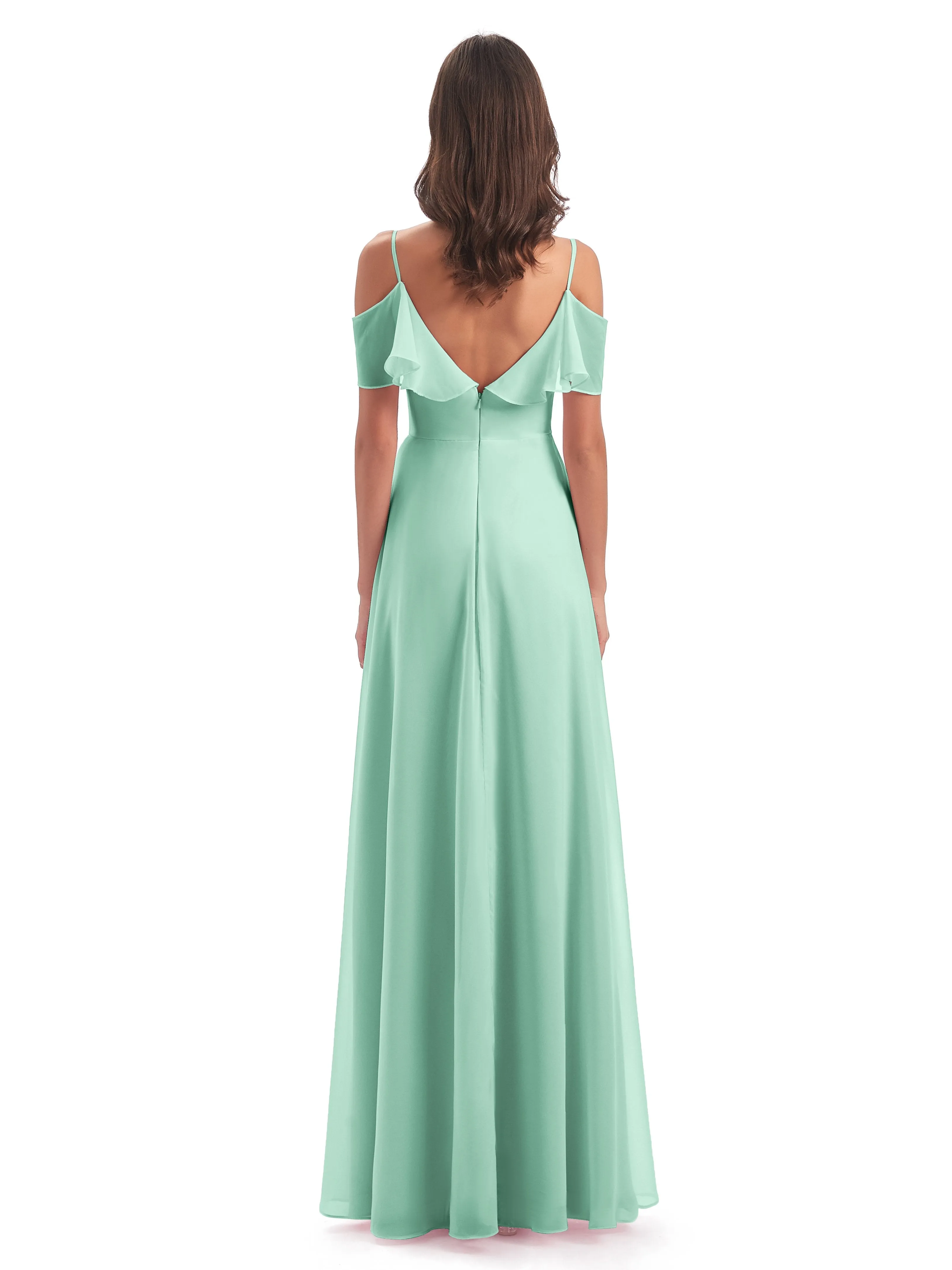 Elizabeth Fashion Spaghetti Straps Ruffles Long Chiffon Bridesmaid Dresses