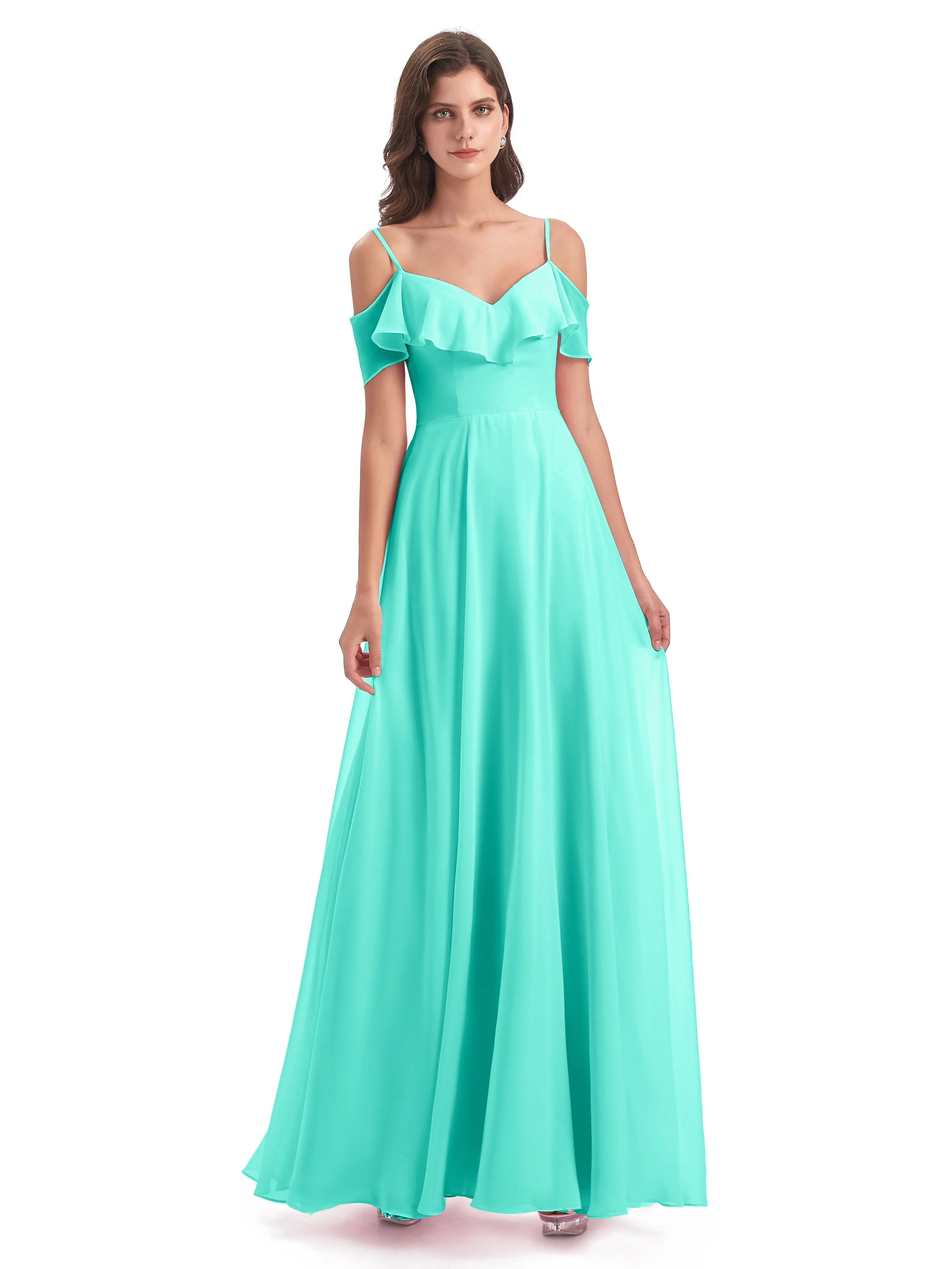 Elizabeth Fashion Spaghetti Straps Ruffles Long Chiffon Bridesmaid Dresses