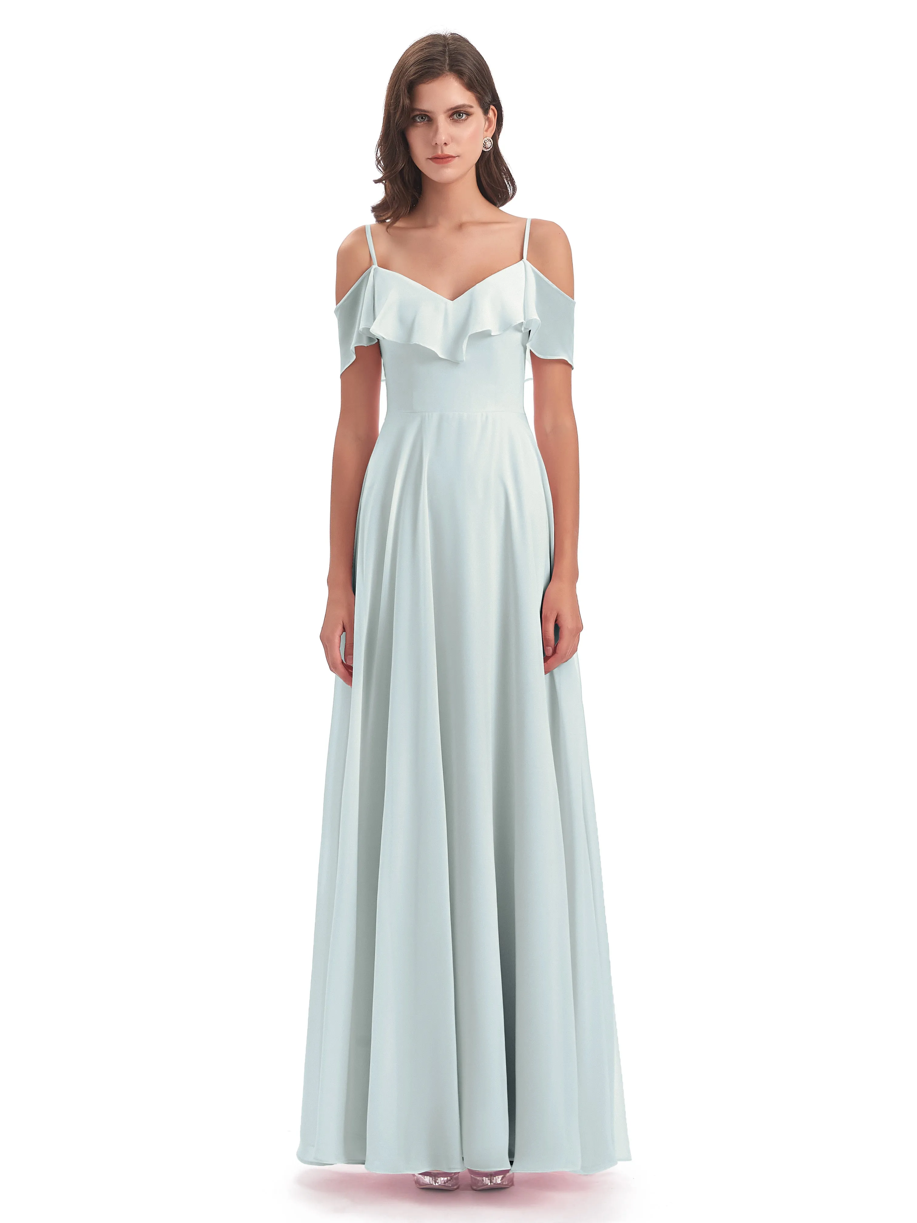 Elizabeth Fashion Spaghetti Straps Ruffles Long Chiffon Bridesmaid Dresses