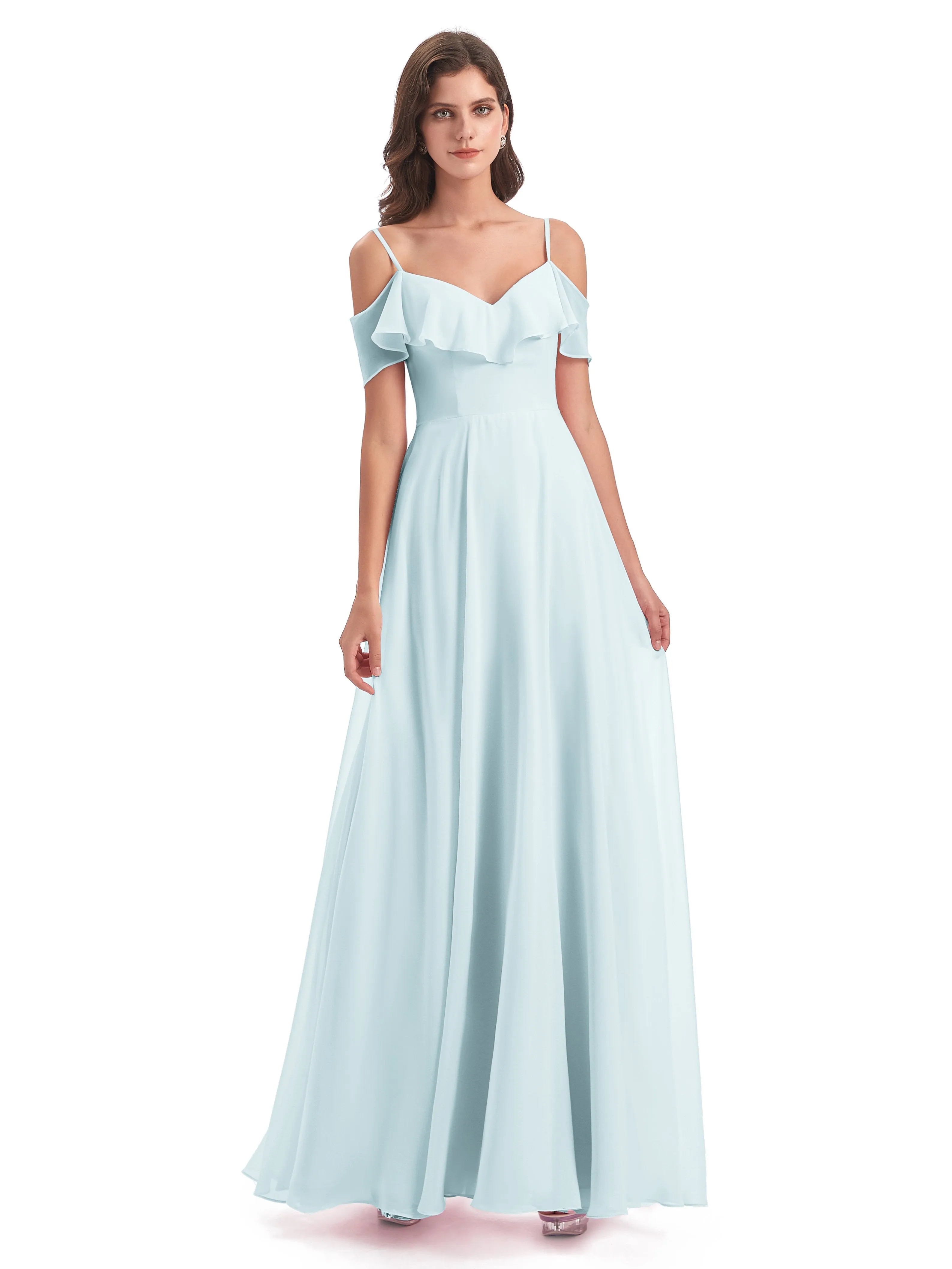 Elizabeth Fashion Spaghetti Straps Ruffles Long Chiffon Bridesmaid Dresses