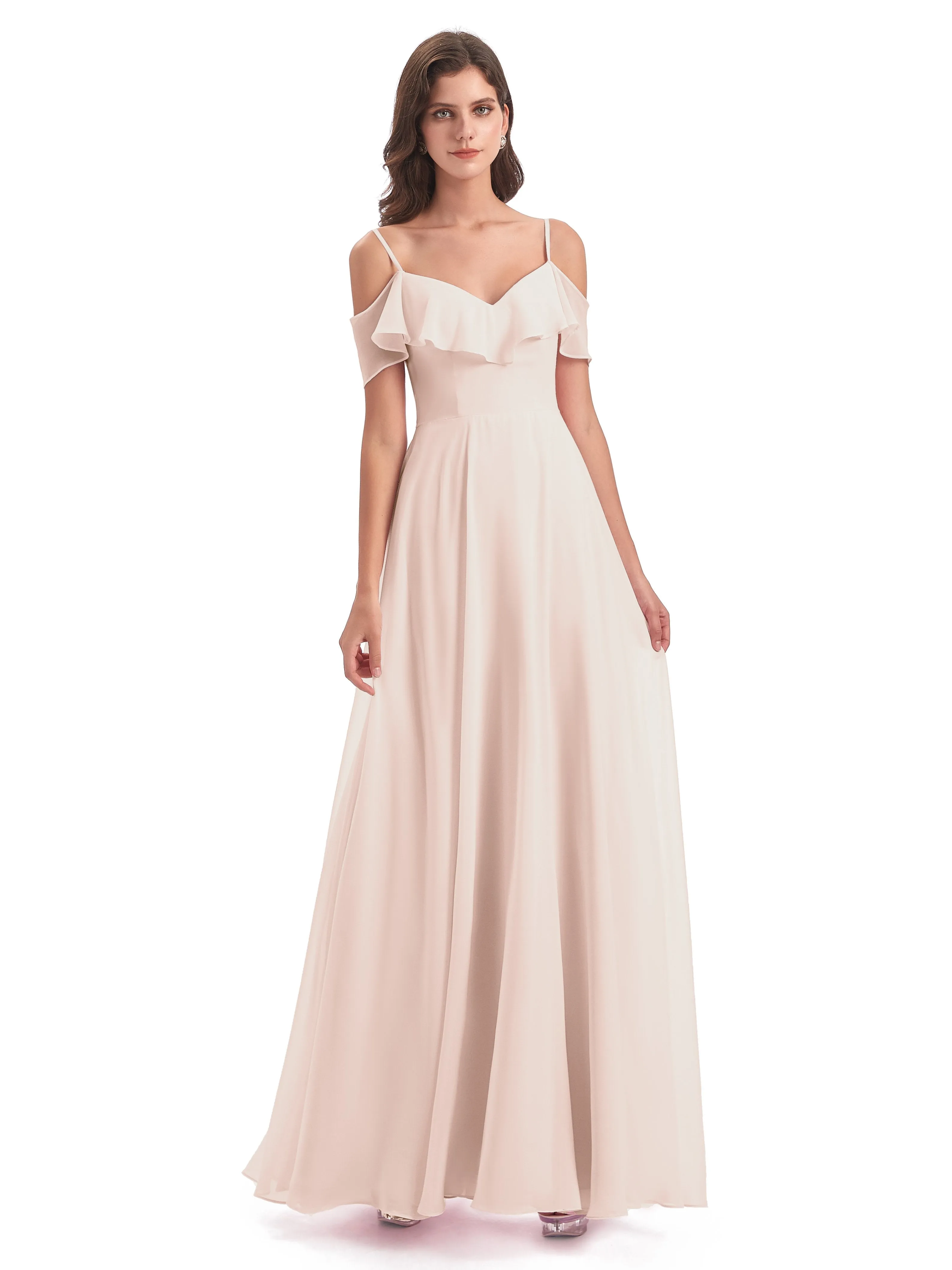 Elizabeth Fashion Spaghetti Straps Ruffles Long Chiffon Bridesmaid Dresses