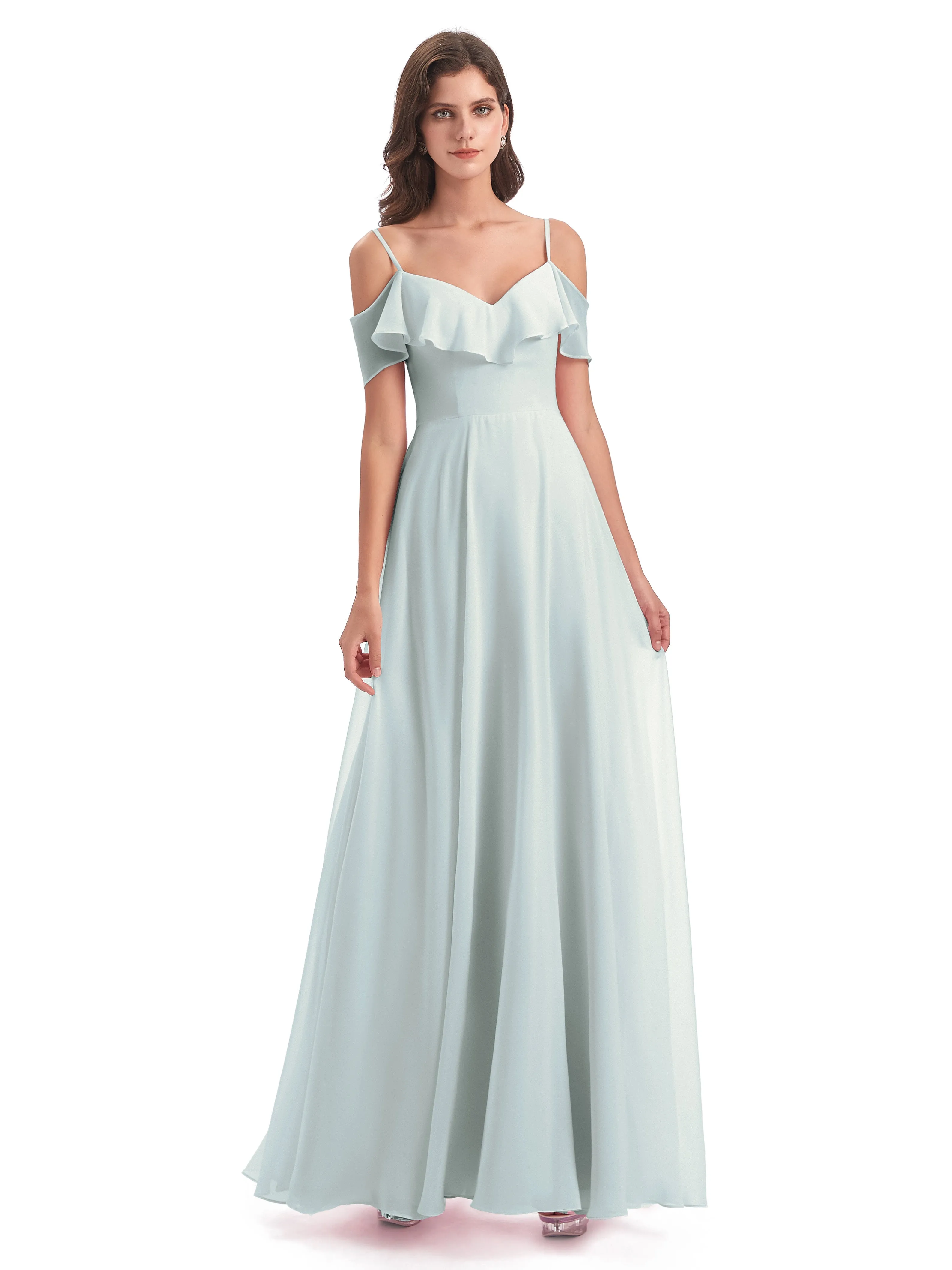 Elizabeth Fashion Spaghetti Straps Ruffles Long Chiffon Bridesmaid Dresses