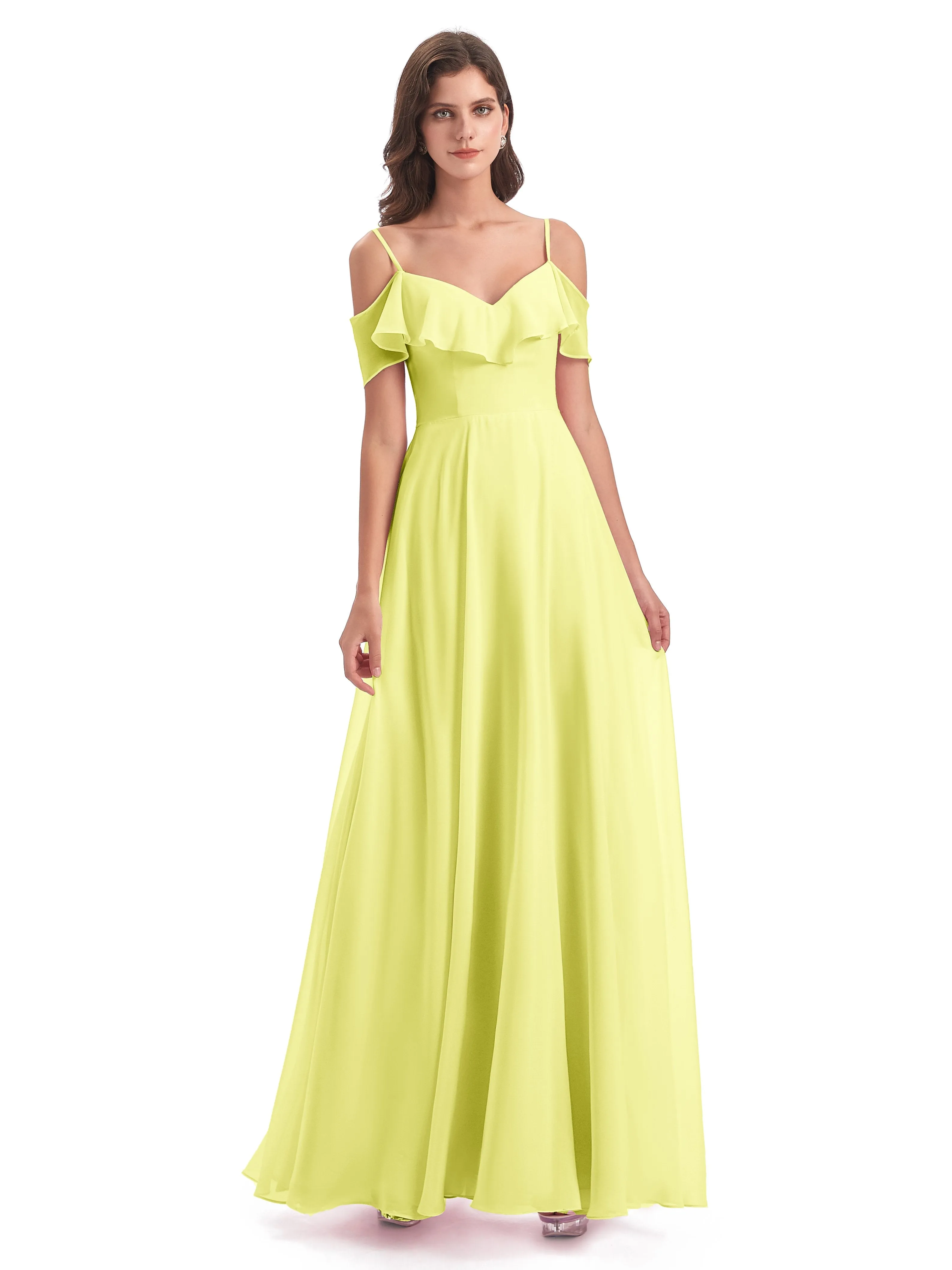 Elizabeth Fashion Spaghetti Straps Ruffles Long Chiffon Bridesmaid Dresses