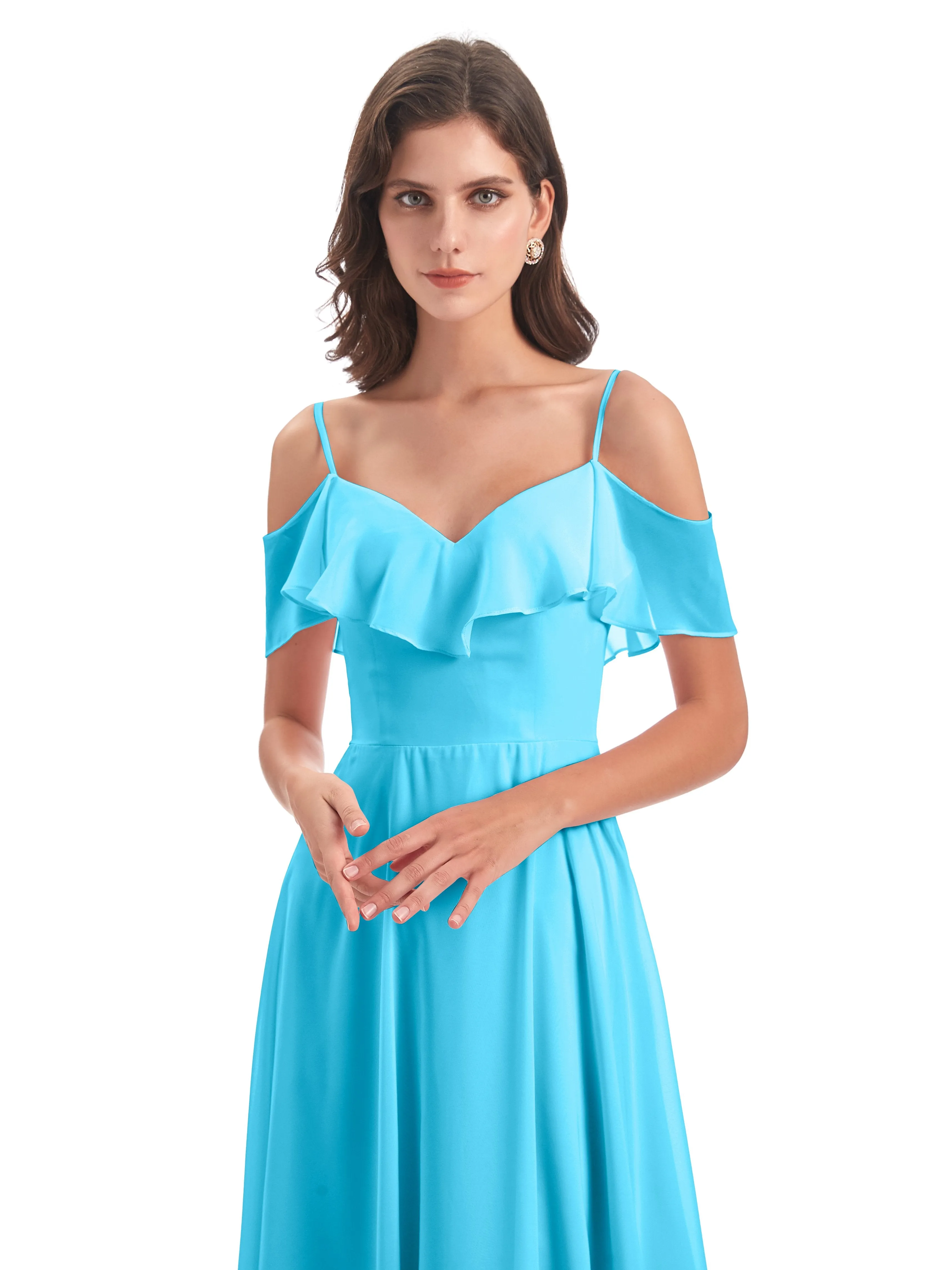 Elizabeth Fashion Spaghetti Straps Ruffles Long Chiffon Bridesmaid Dresses