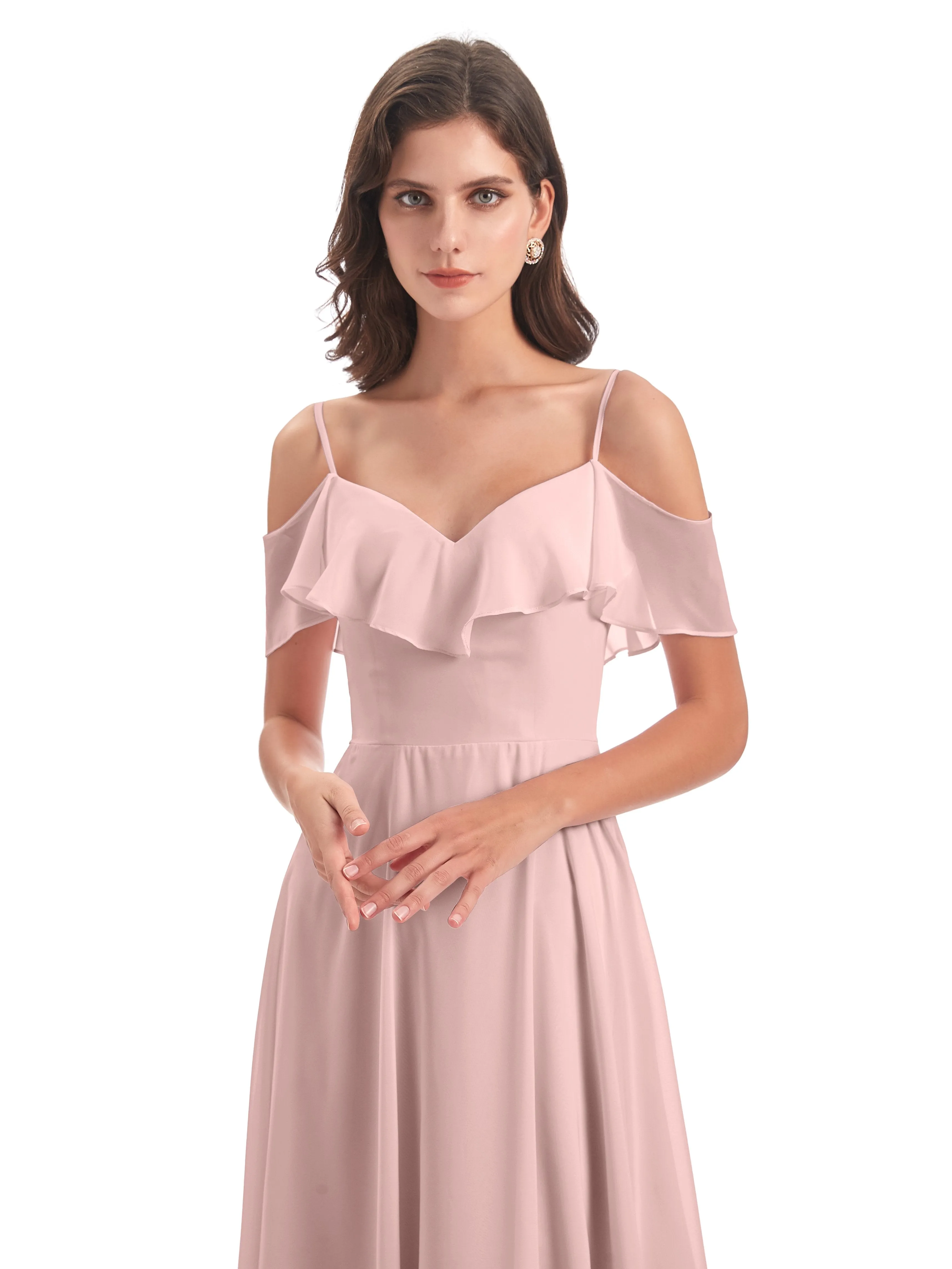 Elizabeth Fashion Spaghetti Straps Ruffles Long Chiffon Bridesmaid Dresses